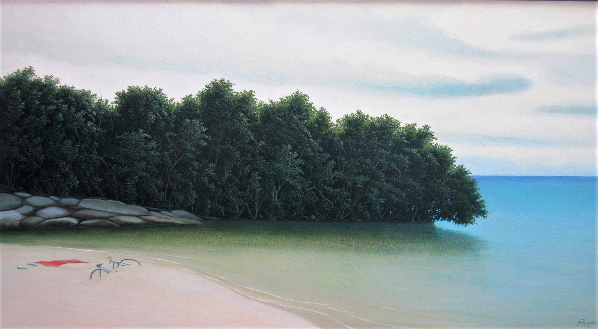 René Monzón Relova “Pozas” Landscape Painting - The Next Calm - Original Oil Painting of Serene Beach Scene with Aqua Blue Water