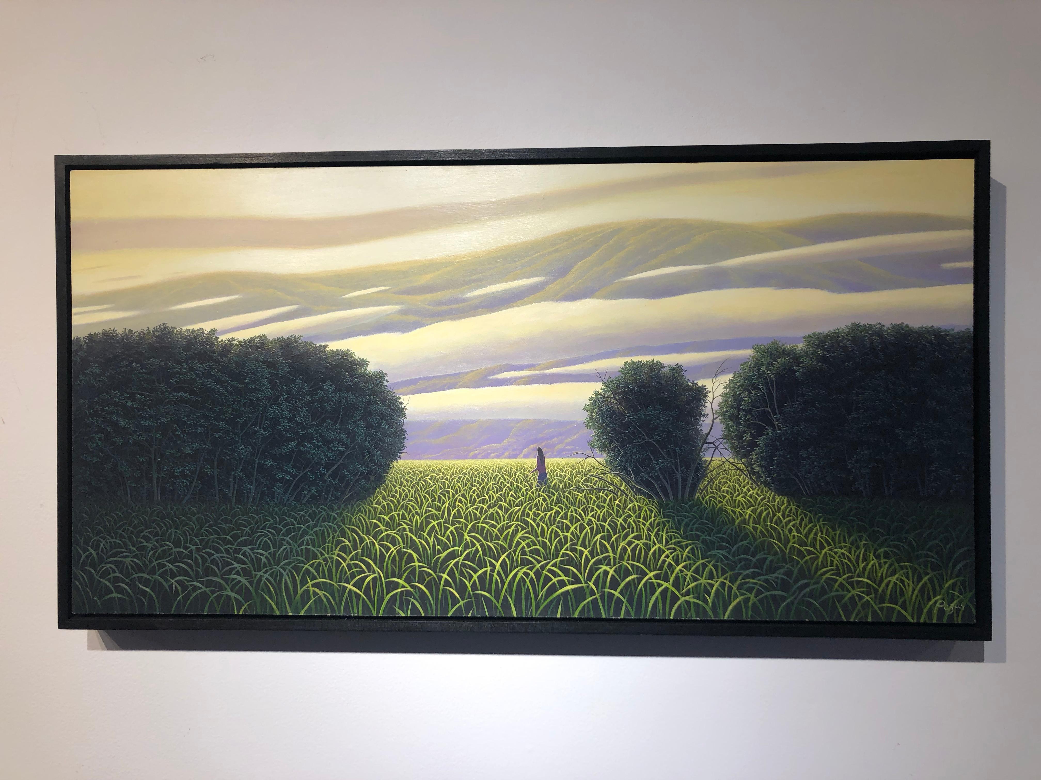 The Perfect Evening - Original Oil Painting of Figure in a Surreal Landscape - Black Figurative Painting by René Monzón Relova “Pozas”