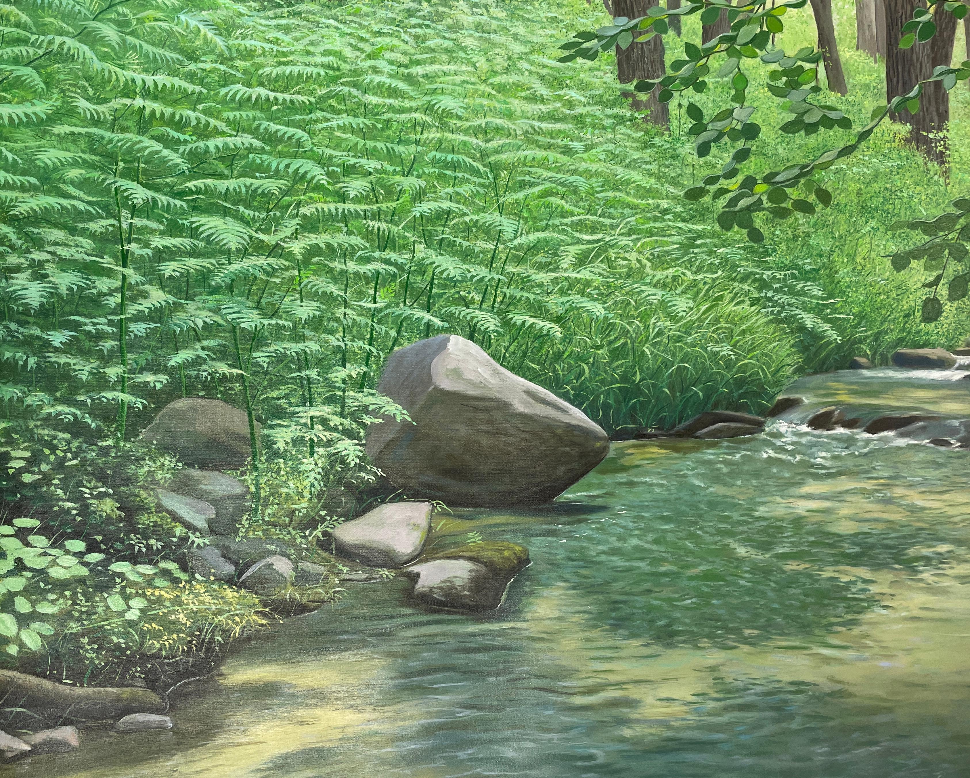The River With No Name – sehr detaillierte, üppige, üppige Holzlandschaft mit Babbling Brook – Painting von René Monzón Relova “Pozas”