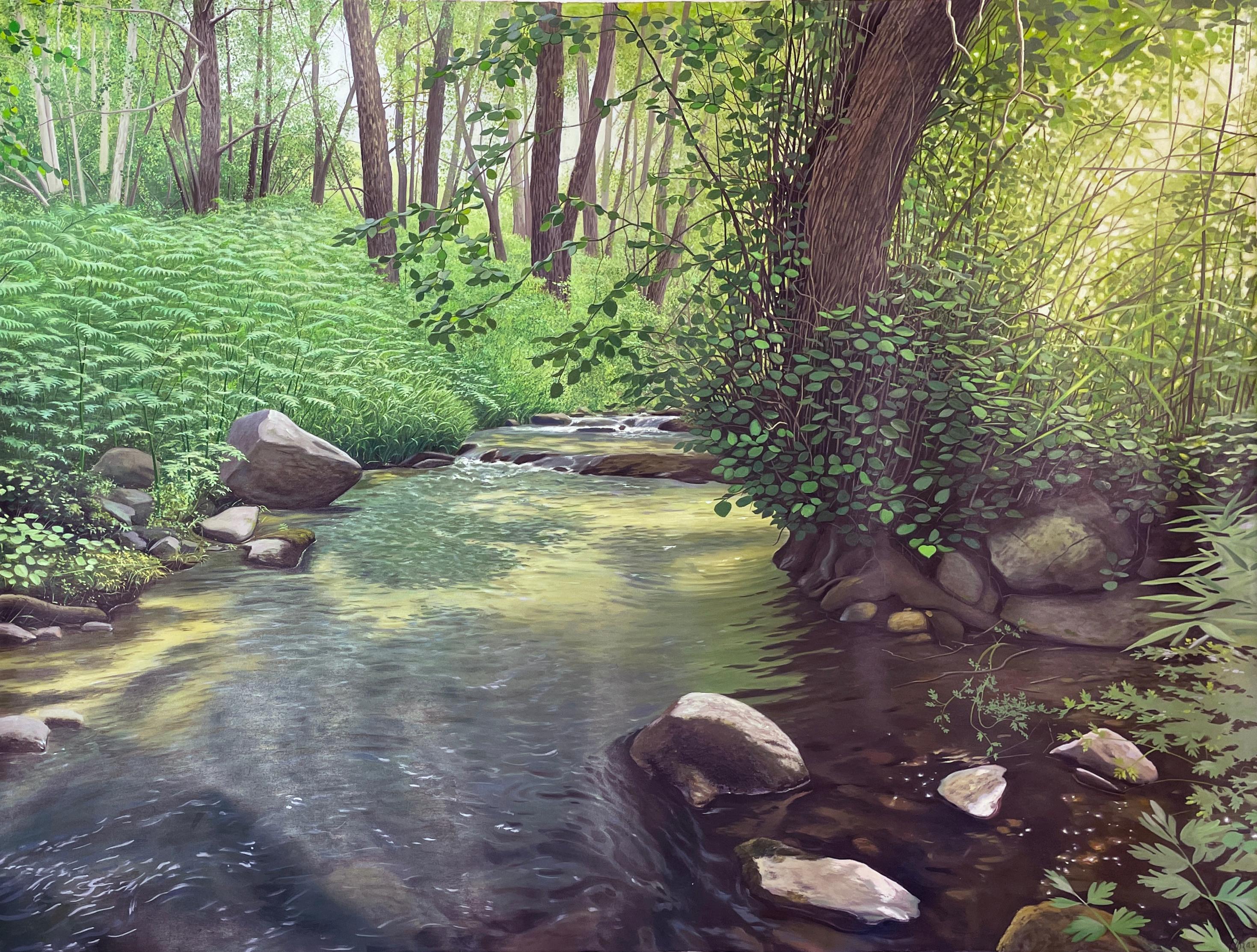 The River With No Name – sehr detaillierte, üppige, üppige Holzlandschaft mit Babbling Brook (Zeitgenössisch), Painting, von René Monzón Relova “Pozas”