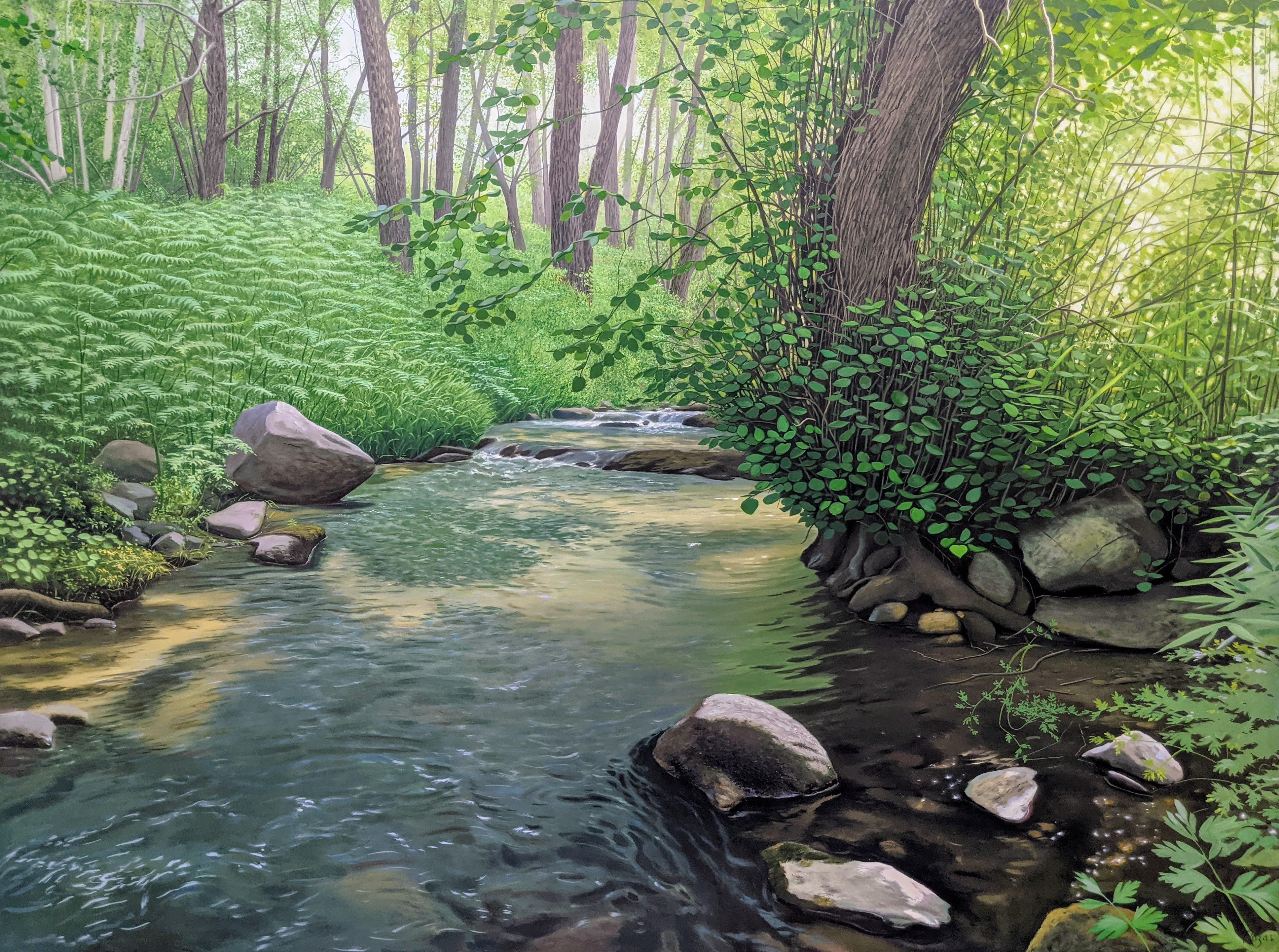 René Monzón Relova “Pozas” Landscape Painting – The River With No Name – sehr detaillierte, üppige, üppige Holzlandschaft mit Babbling Brook