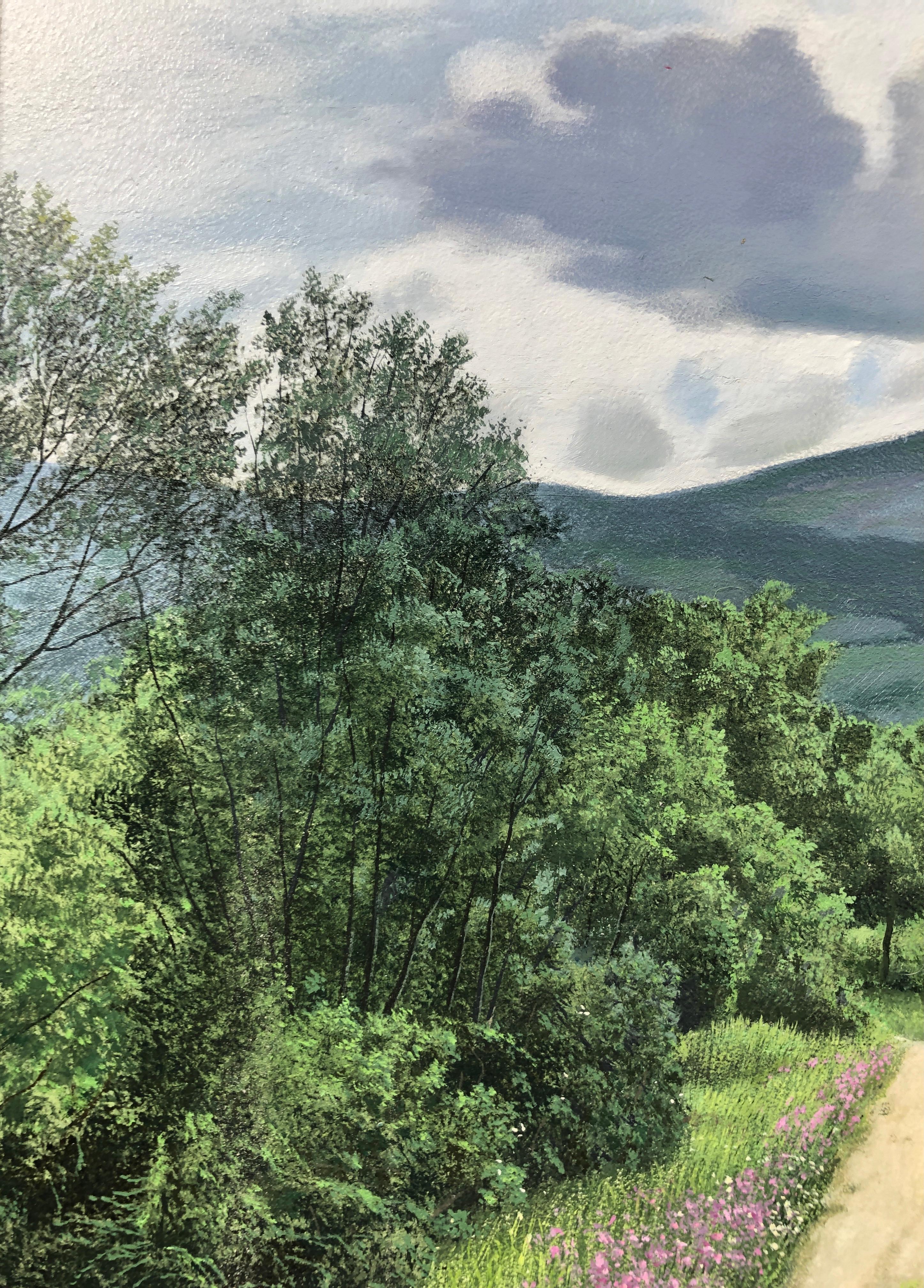 La marche, paysage très détaillé avec un chemin caché menant à des bois denses  - Contemporain Painting par René Monzón Relova “Pozas”