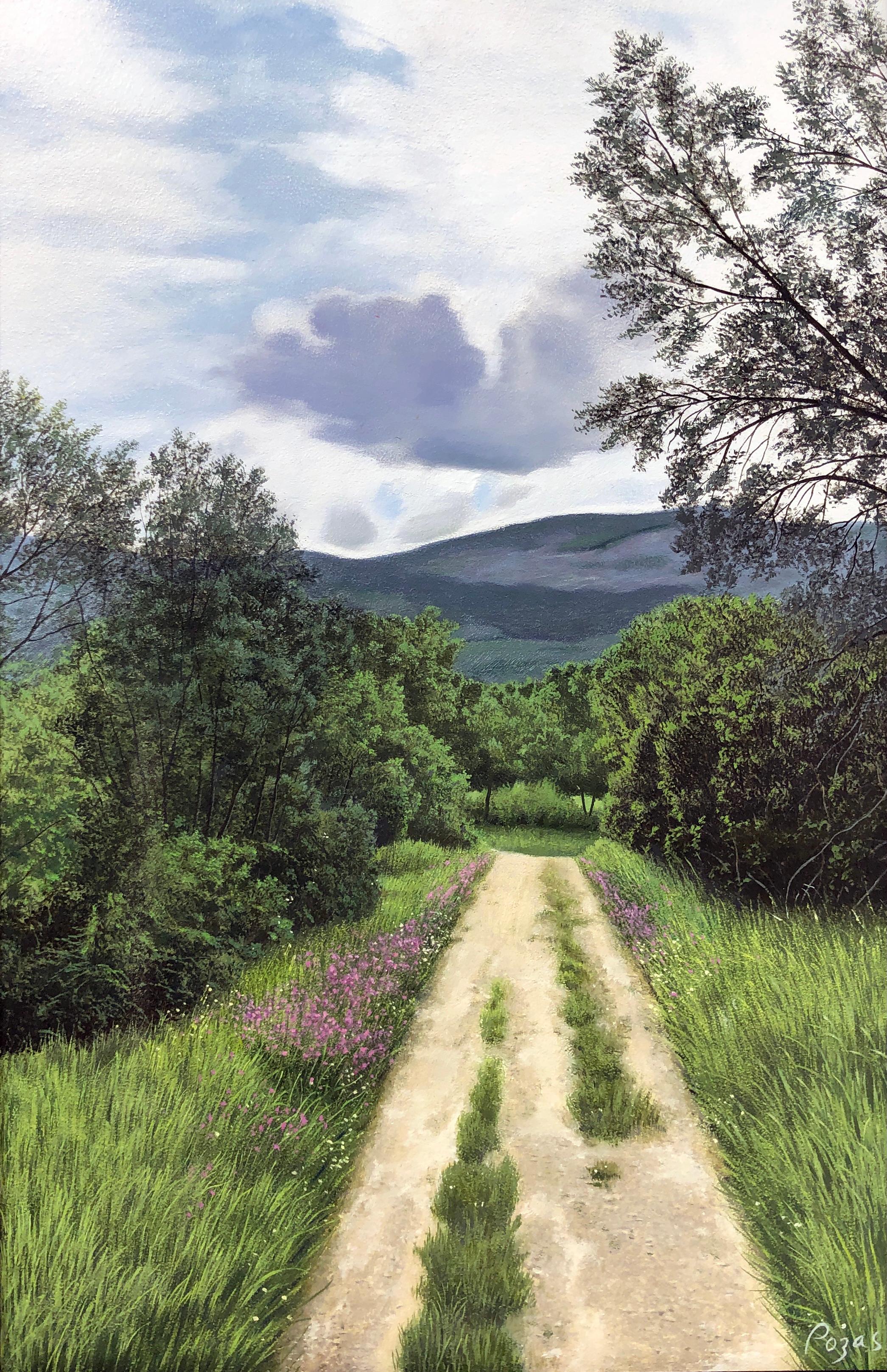 Landscape Painting René Monzón Relova “Pozas” - La marche, paysage très détaillé avec un chemin caché menant à des bois denses 
