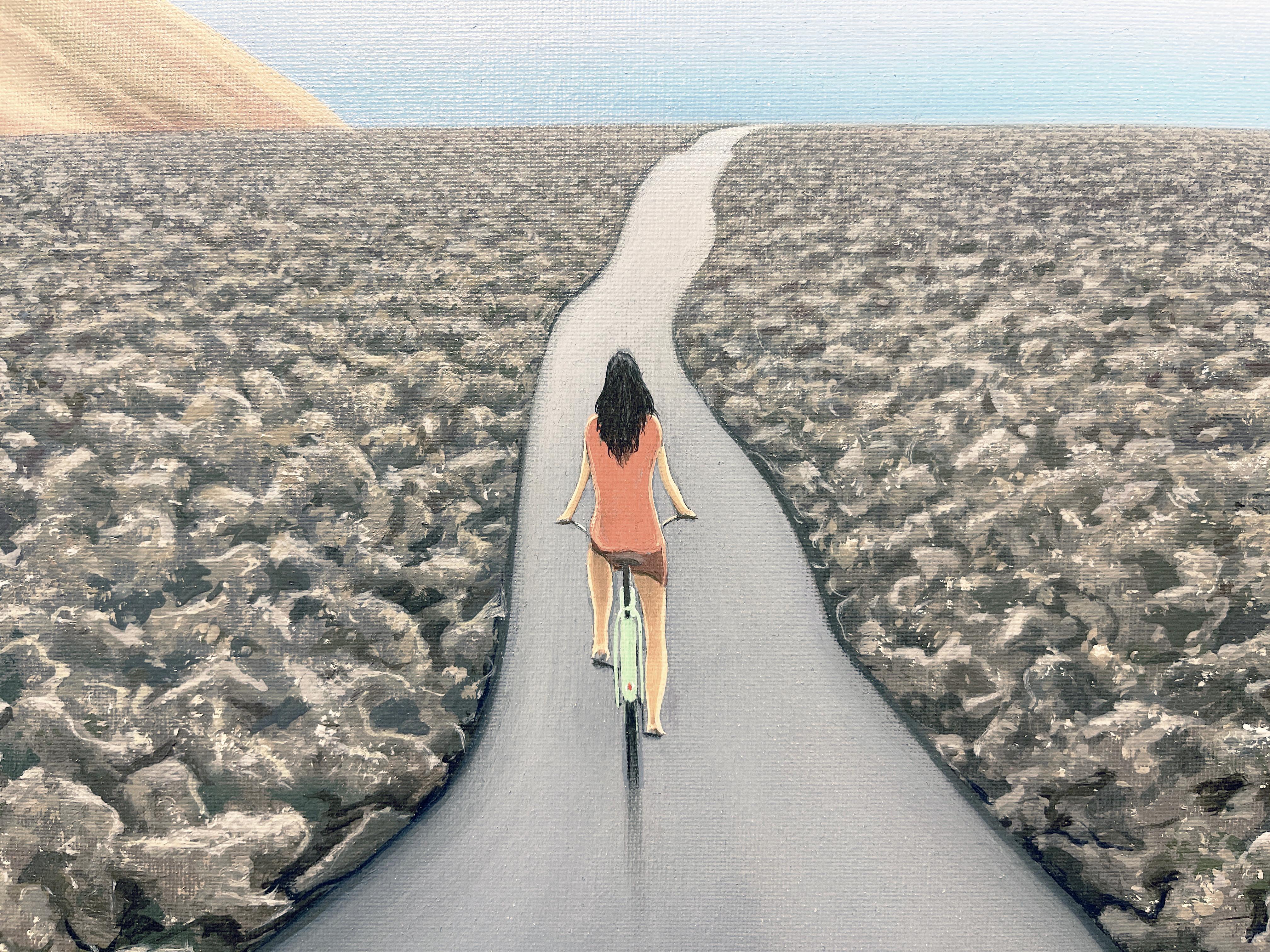  The Yearning of Jose - Surreal Landscape with Woman Riding a Bicycle - Contemporary Painting by René Monzón Relova “Pozas”