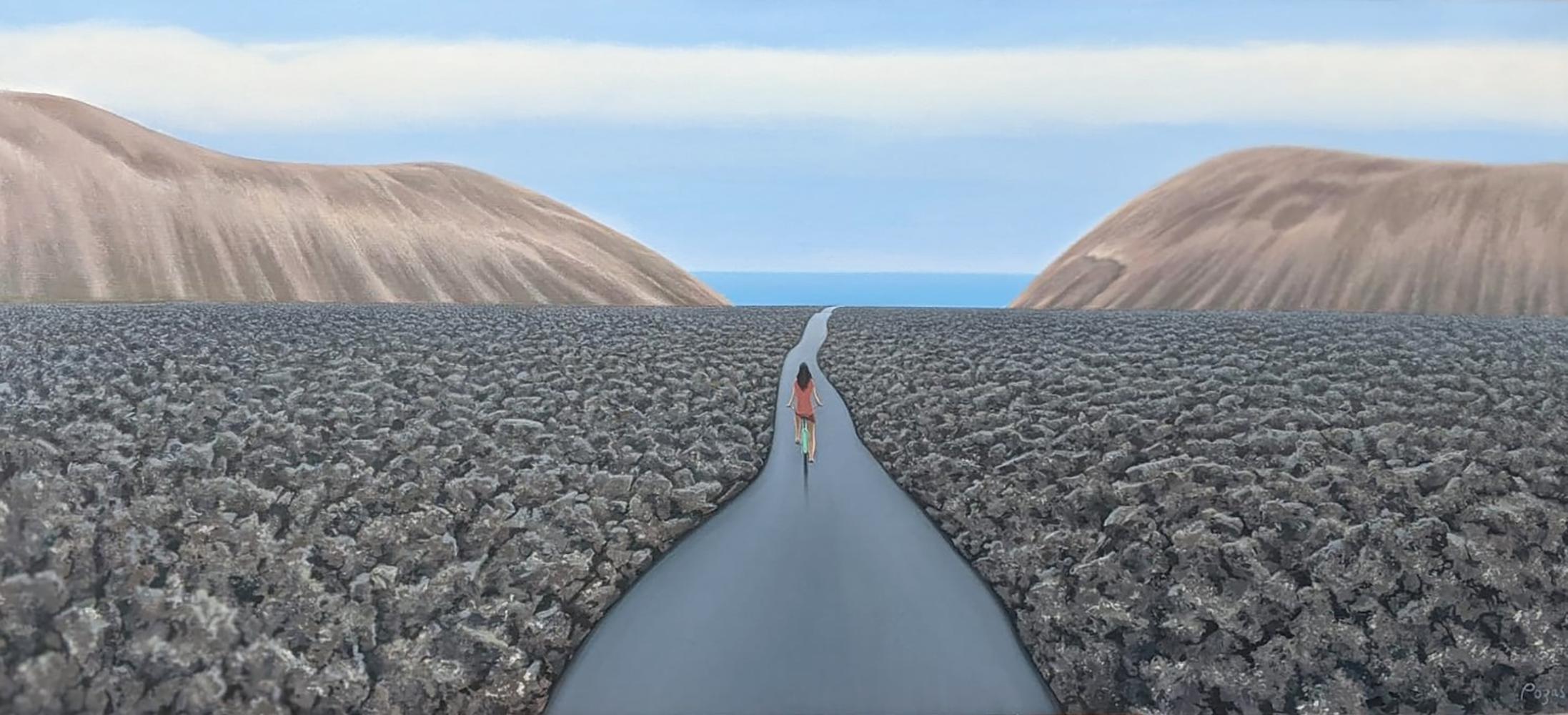René Monzón Relova “Pozas” Landscape Painting -  The Yearning of Jose - Surreal Landscape with Woman Riding a Bicycle