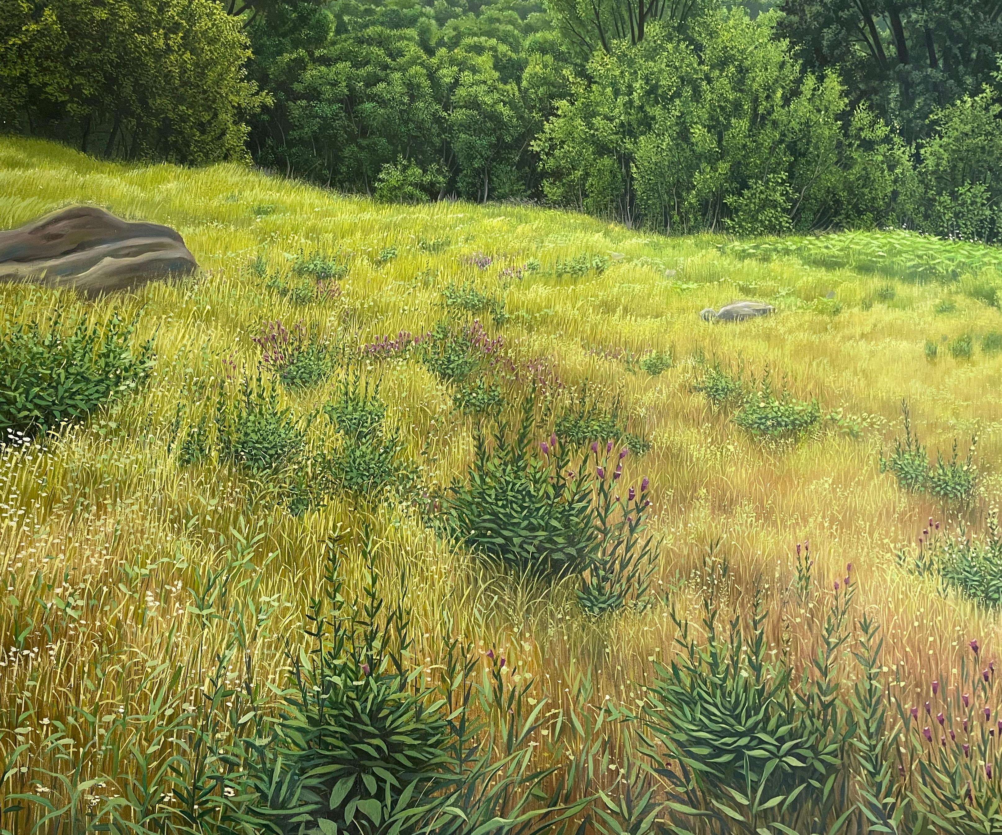 Valle Impredecible - Paisaje exuberante muy detallado, campo dorado y montañas - Painting de René Monzón Relova “Pozas”