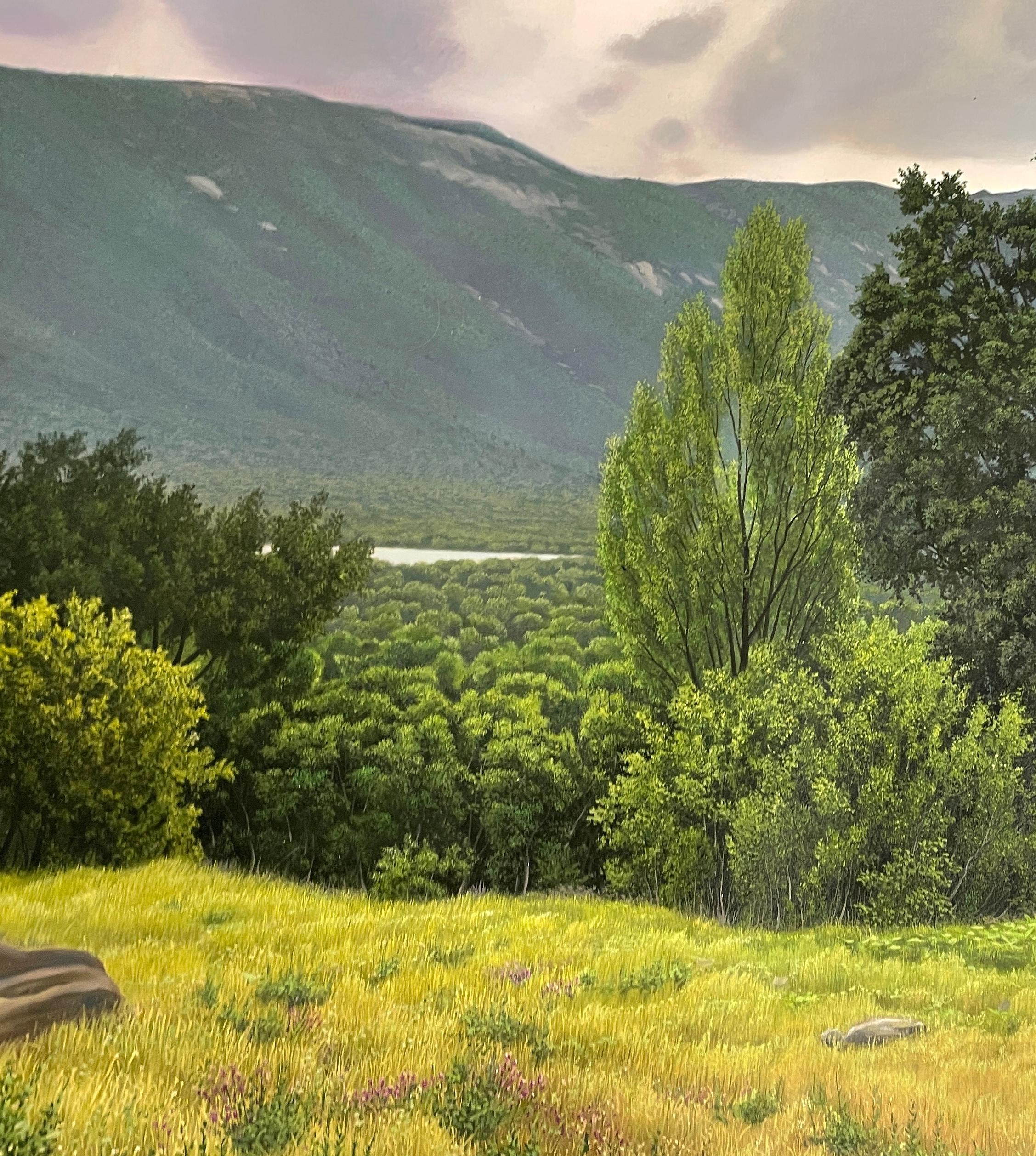 Unvorhersehbares Tal - Sehr detaillierte üppige Landschaft, Golden Field & Mountains (Braun), Landscape Painting, von René Monzón Relova “Pozas”