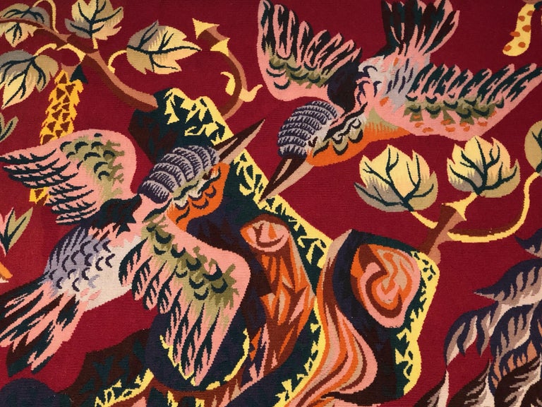 Midcentury tapestry designed by Rene Perrot 91912-1979) and woven at Atelier Riviere des Borderies in Aubusson, France. Handwoven in wool, it dates to 1946 and entitled 