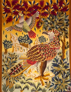 René Perrot - Aubusson 20th Century Tapestry in Polychrome Wools, Birds, 1956
