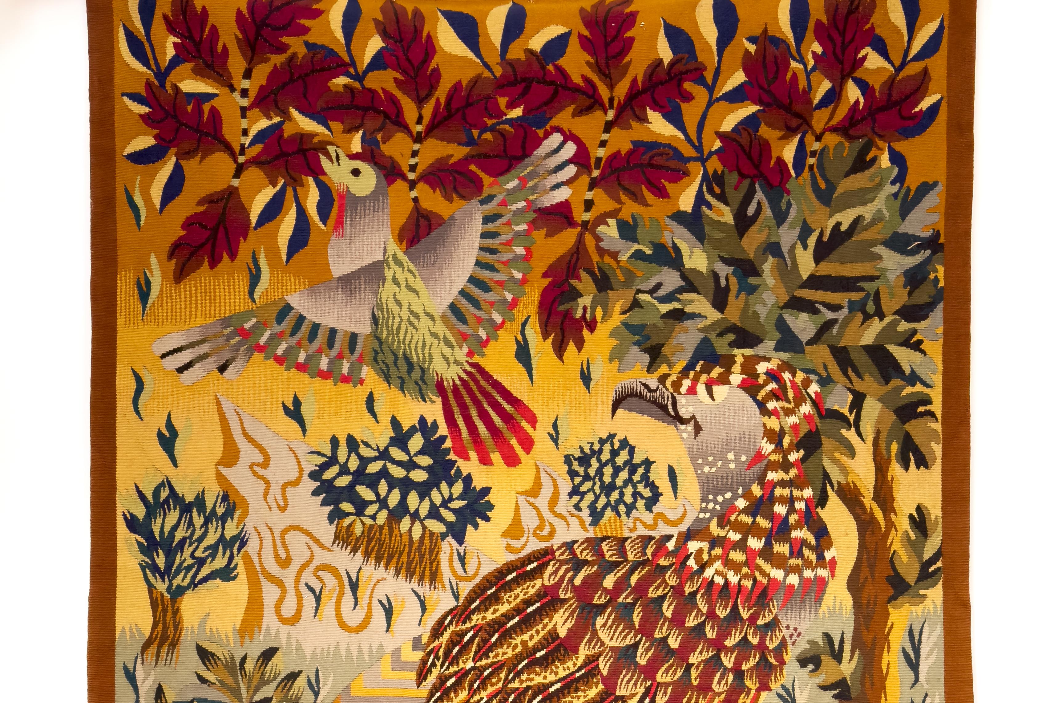 French René Perrot - Aubusson 20th Century Tapestry in Polychrome Wools, Birds, 1956 For Sale