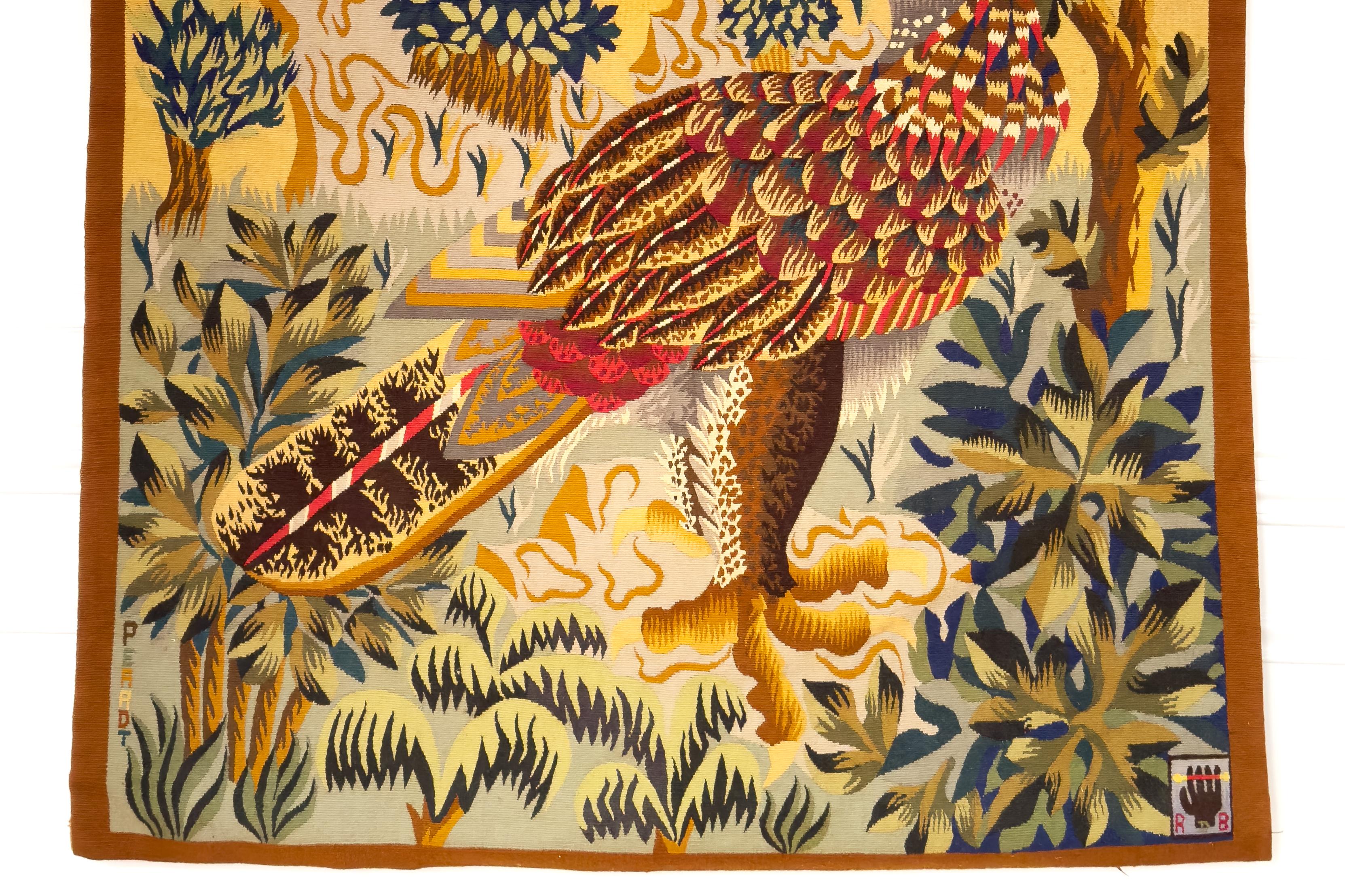 René Perrot - Aubusson 20th Century Tapestry in Polychrome Wools, Birds, 1956 In Good Condition For Sale In London, GB