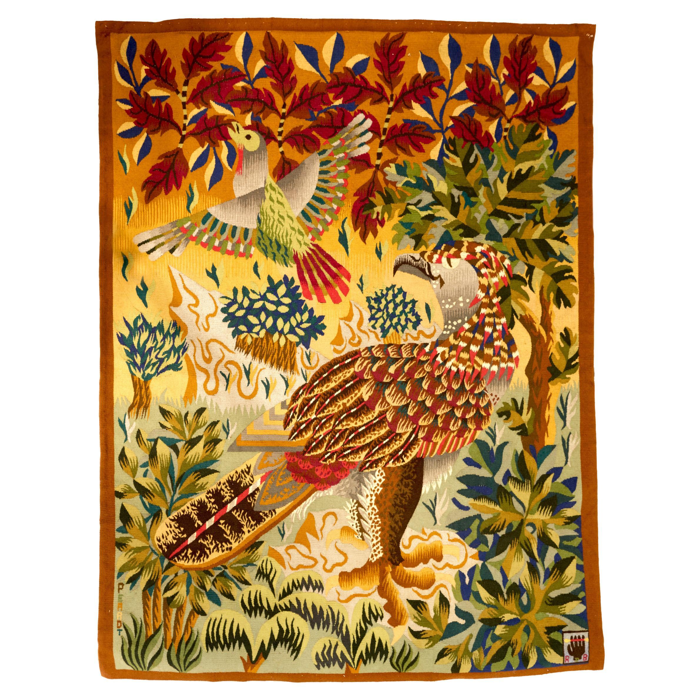 René Perrot - Aubusson Wandteppich aus polychromer Wolle, Vögel, 20. Jahrhundert, 1956