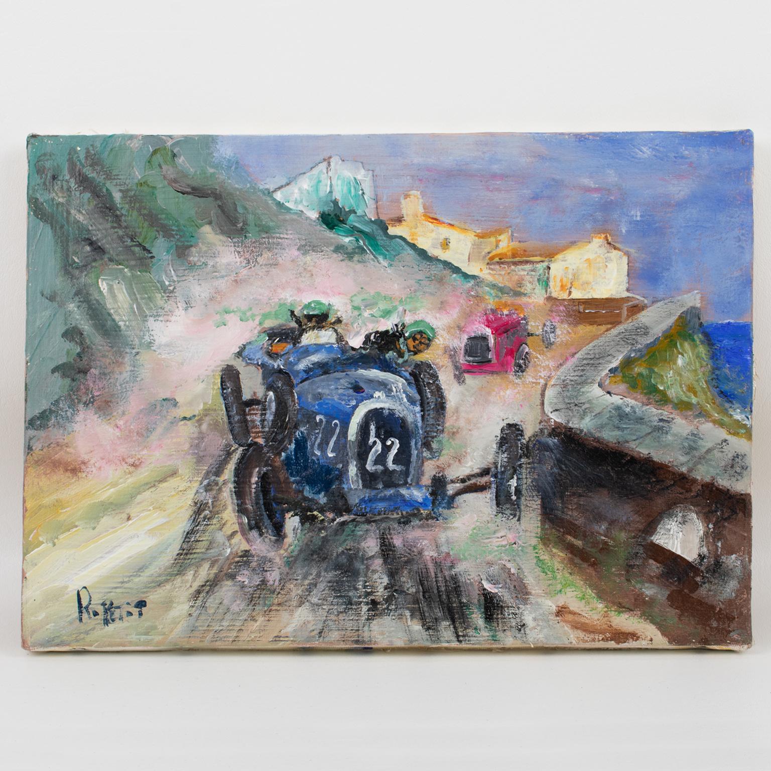 Bugatti Car Race in Monaco 1931, Oil on Canvas Painting by Rene Petit 12