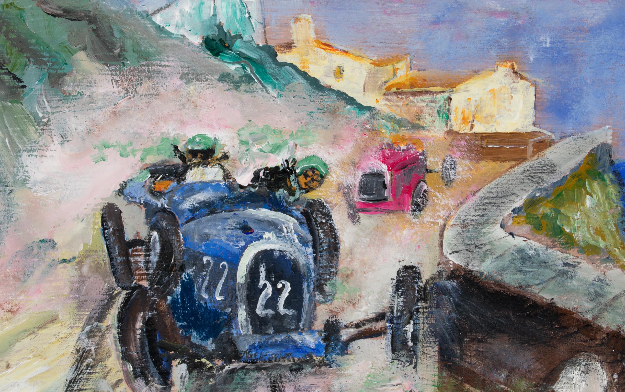 Bugatti Car Race in Monaco 1931, Oil on Canvas Painting by Rene Petit 7