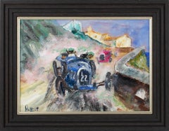 Vintage Bugatti Car Race in Monaco 1931, Oil on Canvas Painting by Rene Petit