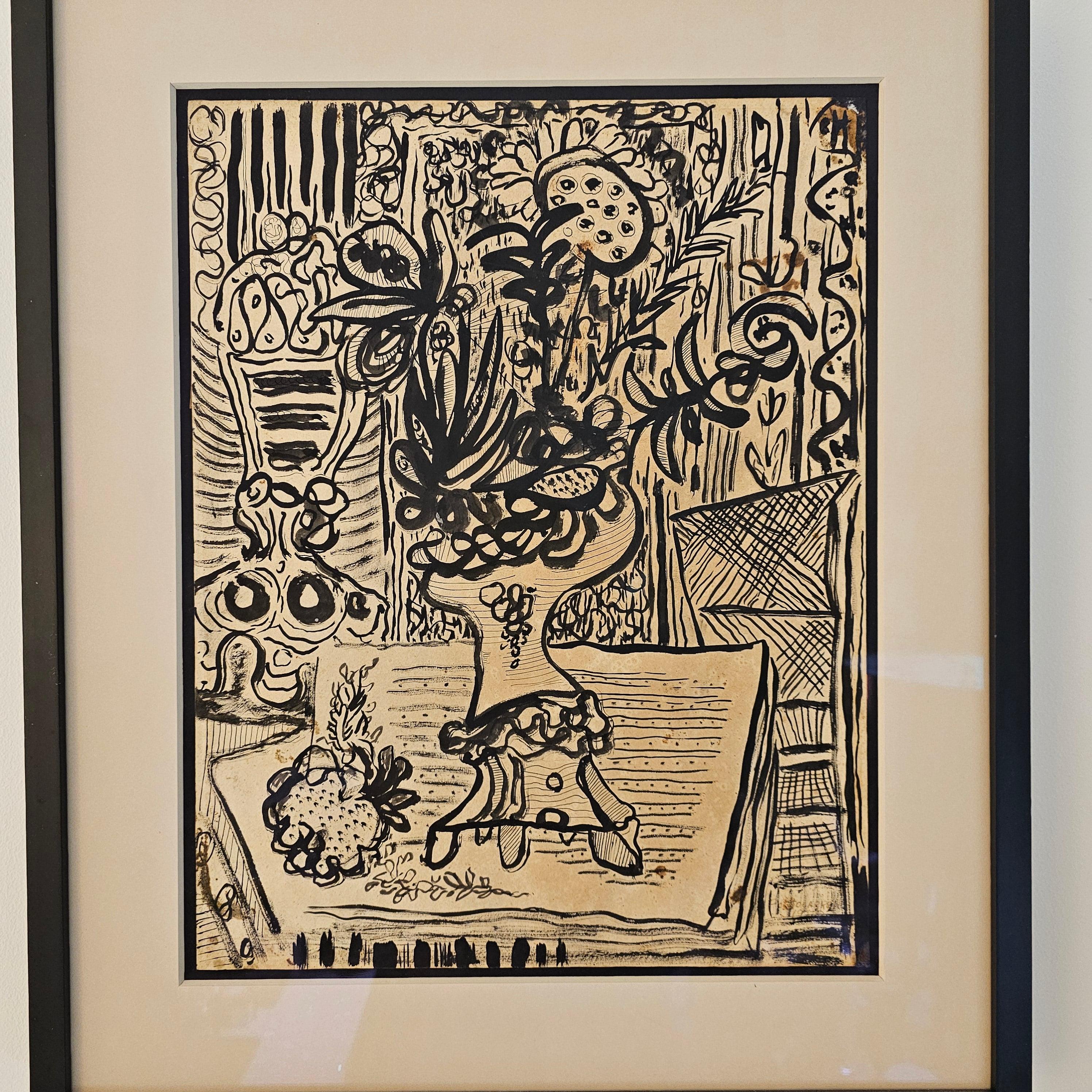 Jarron Con Flores, Tinte auf Papier von Rene Portocarrero (1912-1985). 

Diese wunderbare Zeichnung von Rene Portocarrero ist eine der wenigen, die aus seiner künstlerischen Periode in den 1940er und 1950er Jahren erhalten geblieben sind. Diese Art