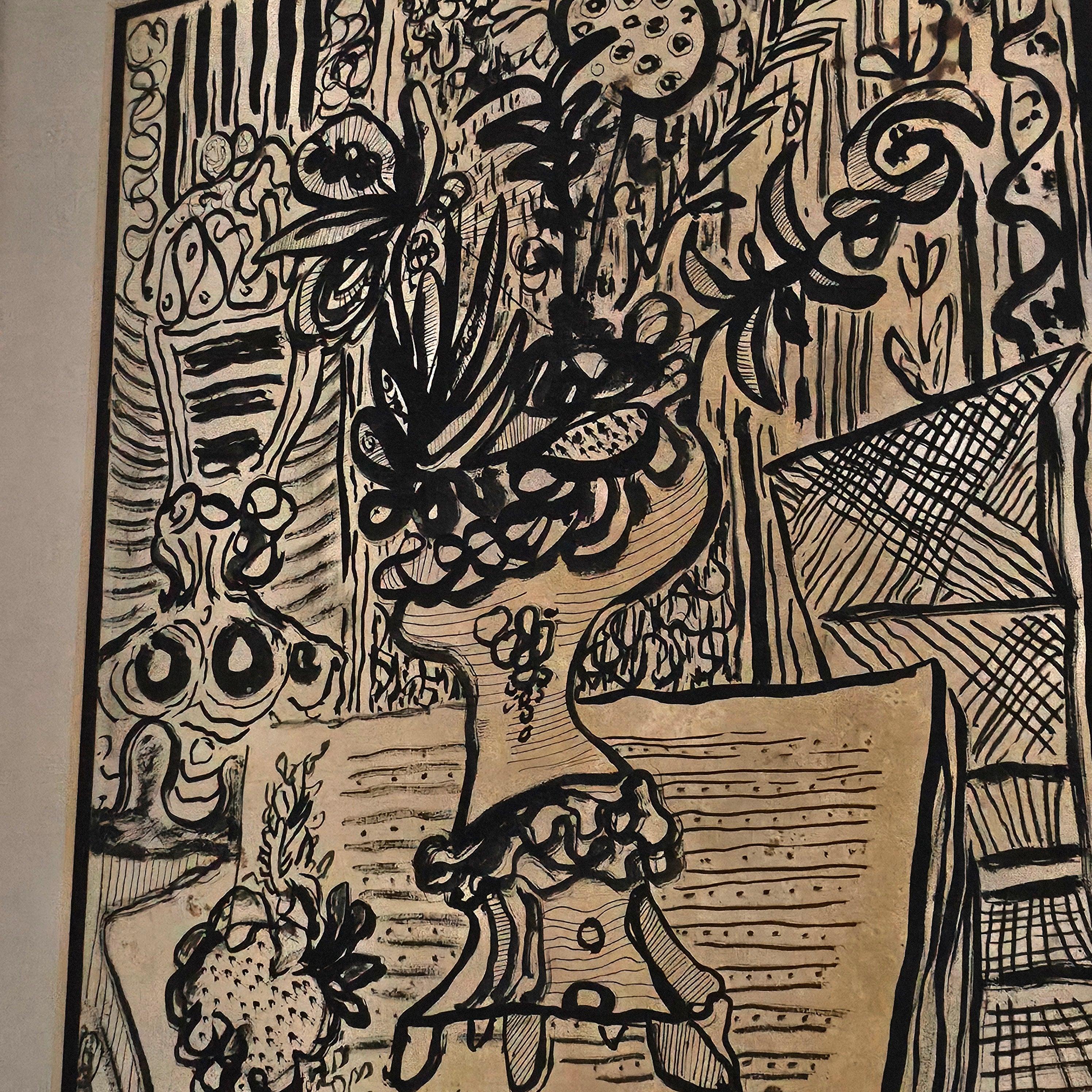 RENE PORTOCARRERO 1952 Kunst Jarron Con Flores Tinte und Gouache Tinte auf Papier (Handgefertigt) im Angebot