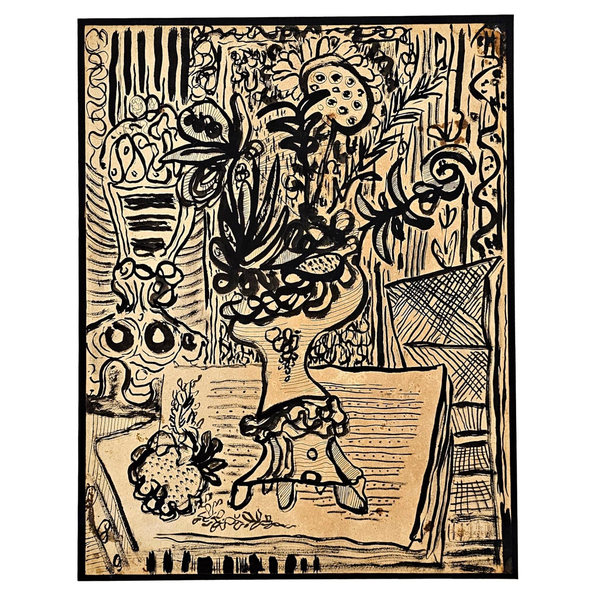 RENE PORTOCARRERO 1952 Art Jarron Con Flore Encre et gouache Encre sur papier