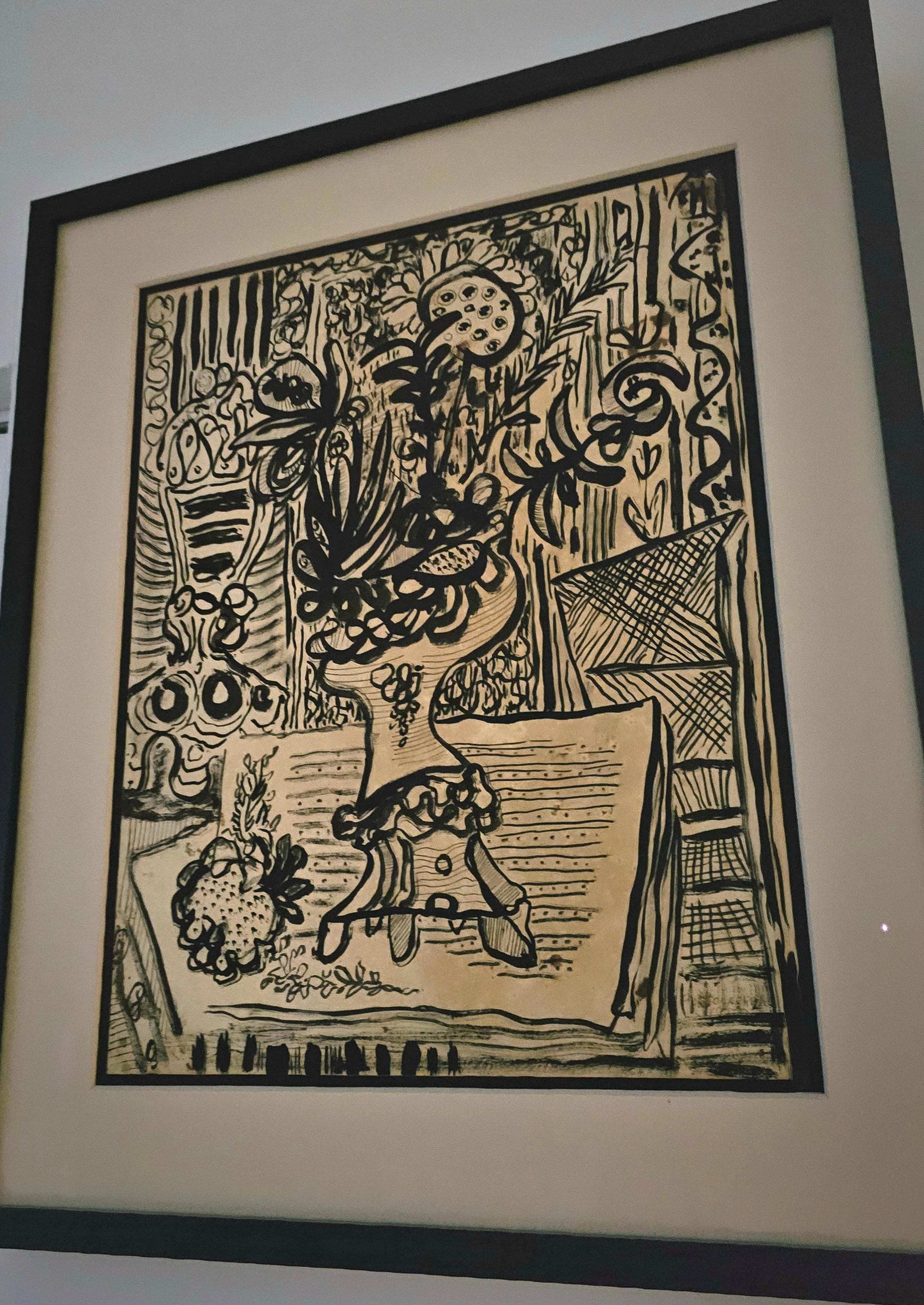 Modern Rene Portocarrero 1952 Cuban Art Jarron Con Flores Ink And Gouache On Paper For Sale