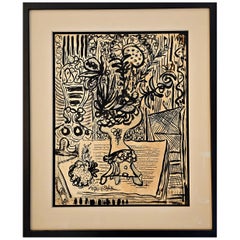 Rene Portocarrero 1952 Arte Cubana Jarron Con Flores Inchiostro e Gouache Su Carta