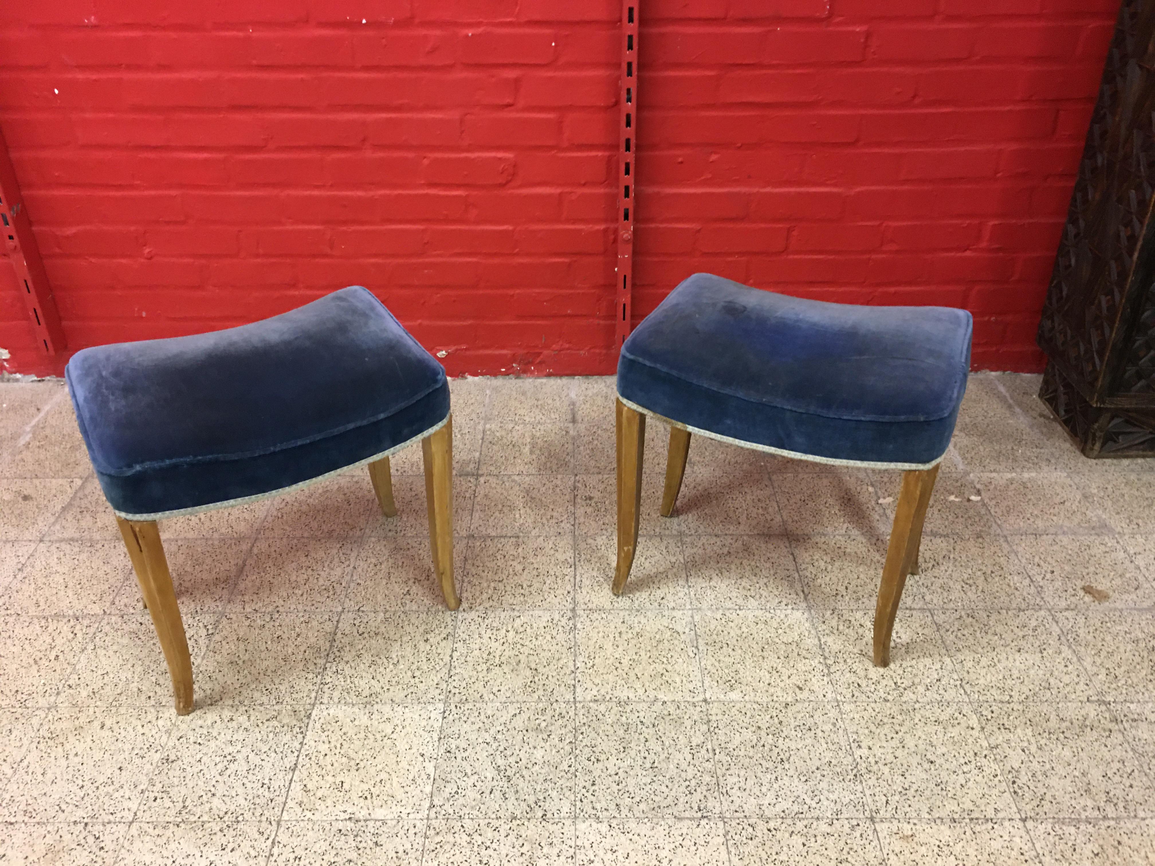 French René Prou, 2 Art Deco Stools in Lacquered Wood and Blue Velvet, circa 1940-1950 For Sale