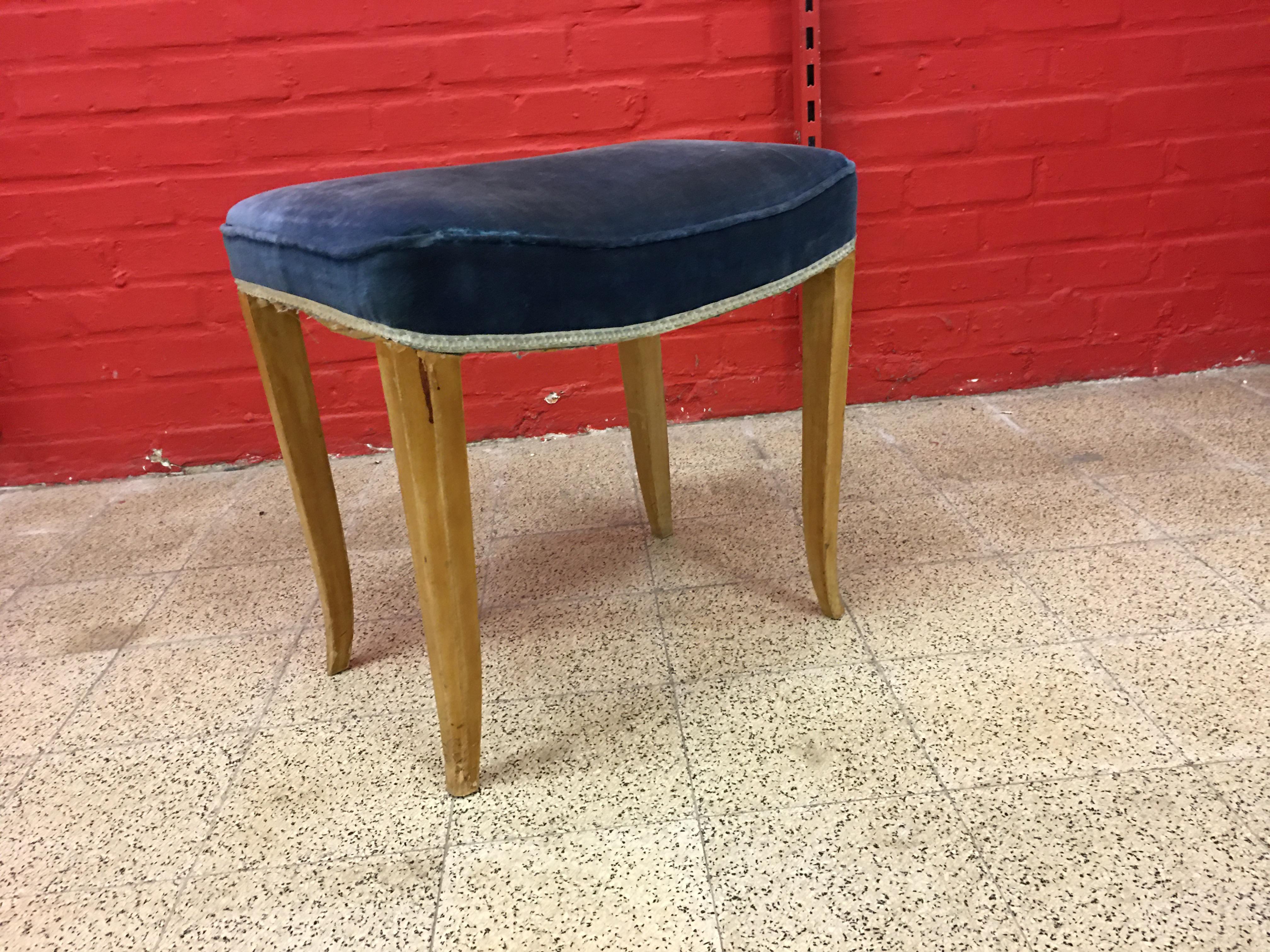 René Prou, 2 Art Deco Stools in Lacquered Wood and Blue Velvet, circa 1940-1950 In Good Condition For Sale In Saint-Ouen, FR