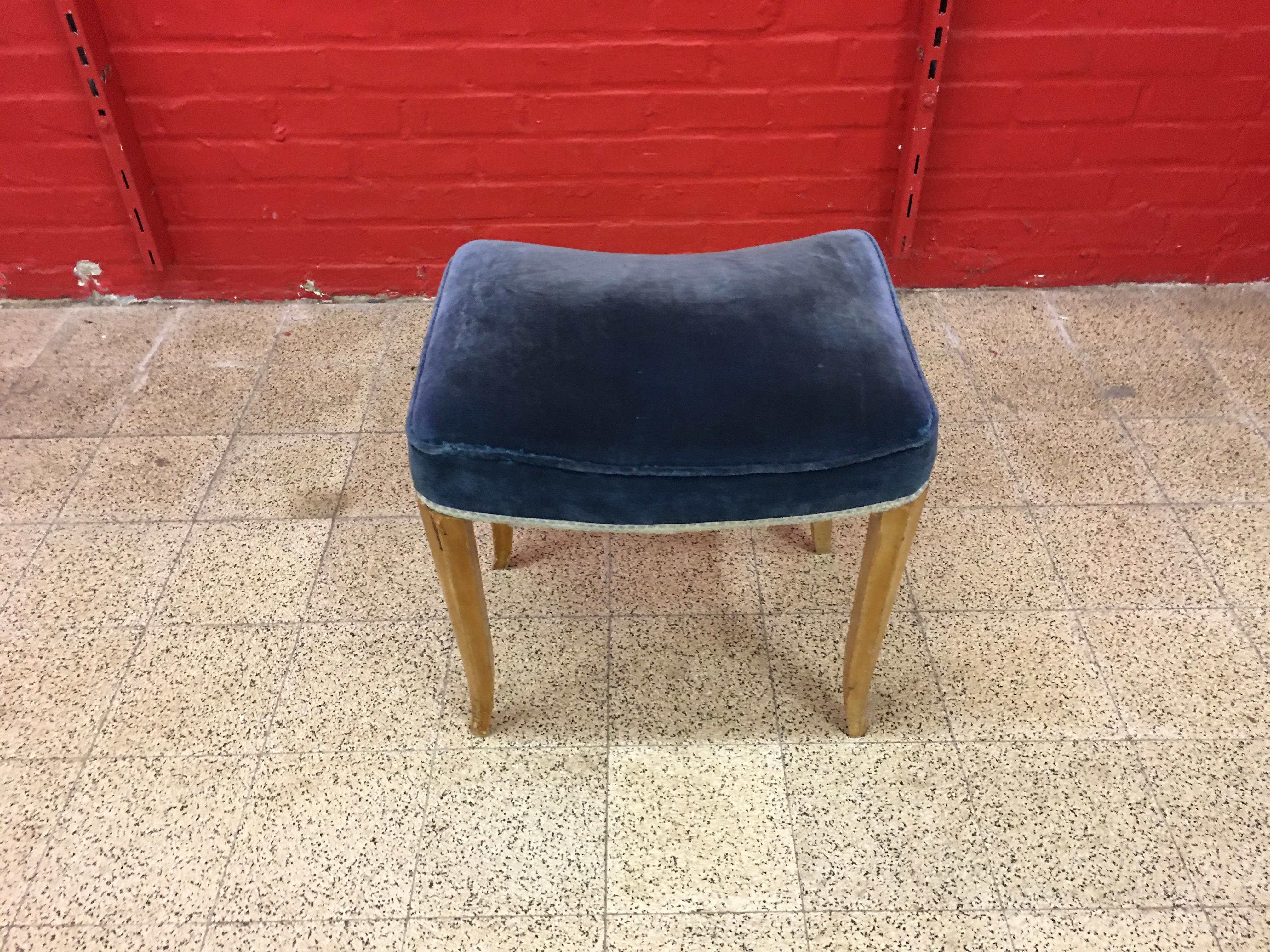 Mid-20th Century René Prou, 2 Art Deco Stools in Lacquered Wood and Blue Velvet, circa 1940-1950 For Sale