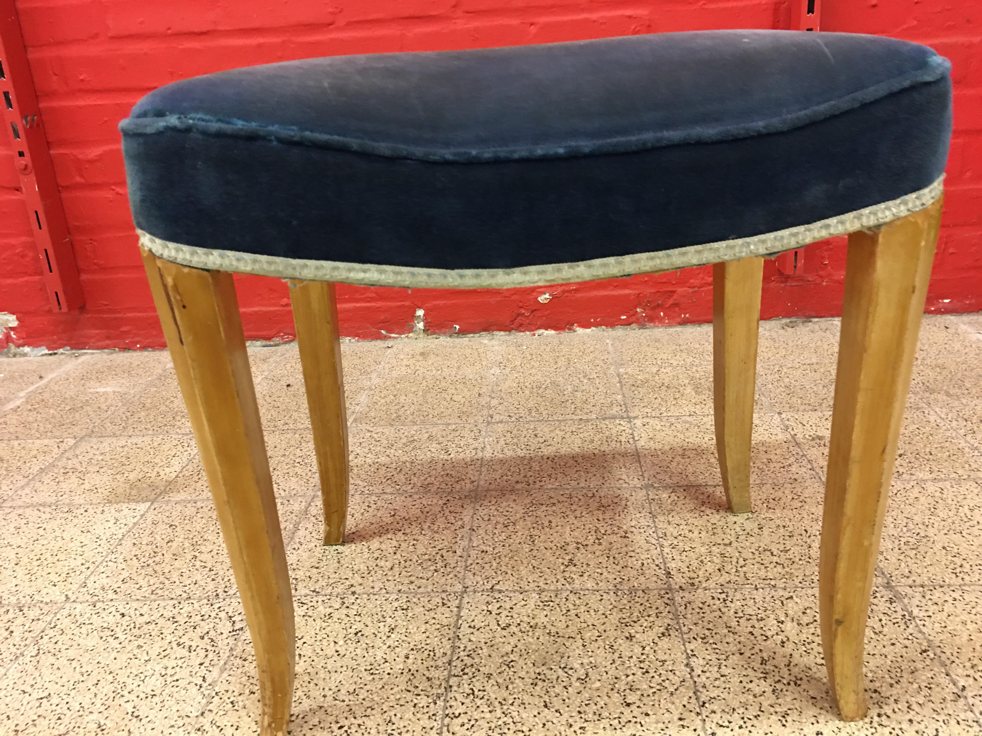 René Prou, 2 Art Deco Stools in Lacquered Wood and Blue Velvet, circa 1940-1950 For Sale 1
