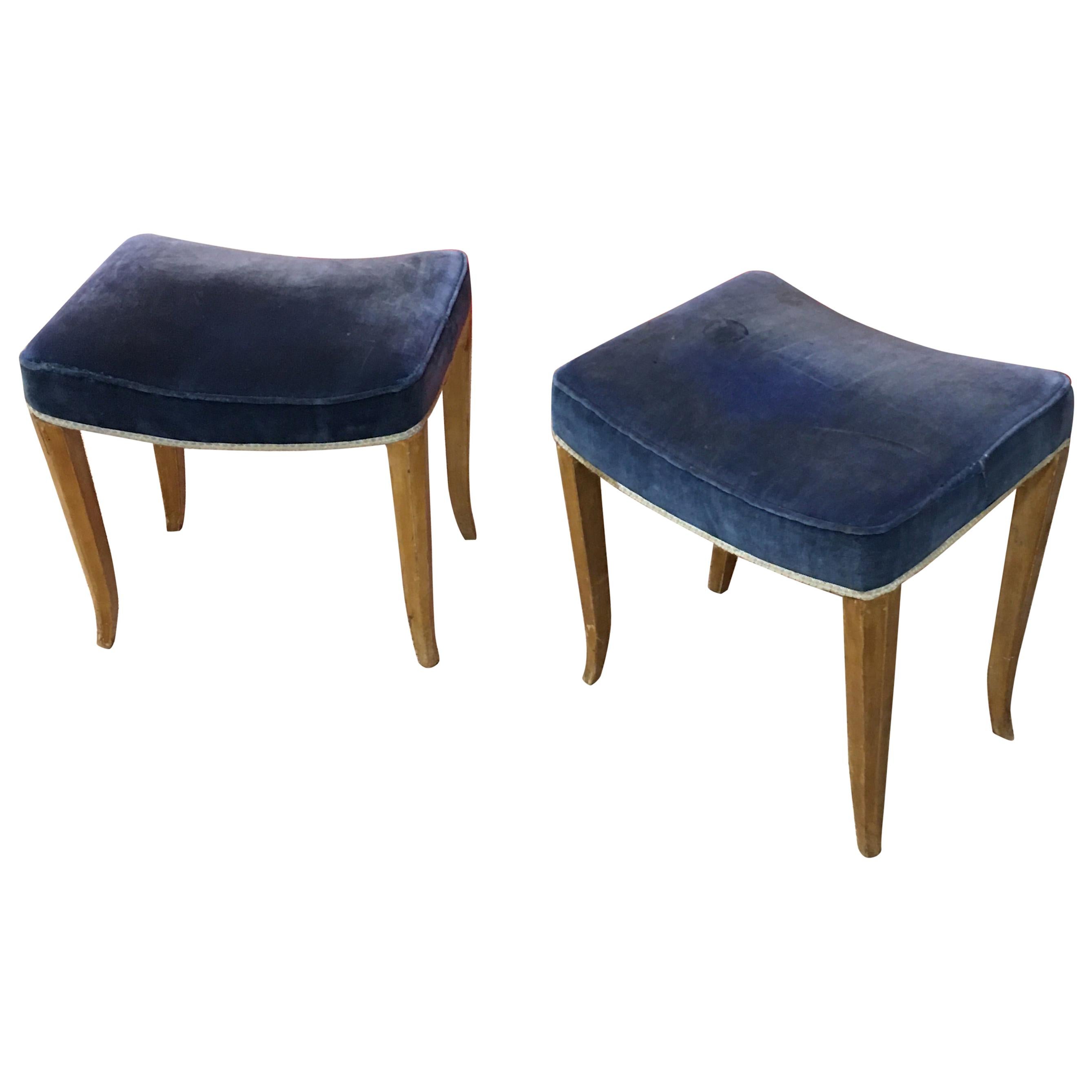 René Prou, 2 Art Deco Stools in Lacquered Wood and Blue Velvet, circa 1940-1950