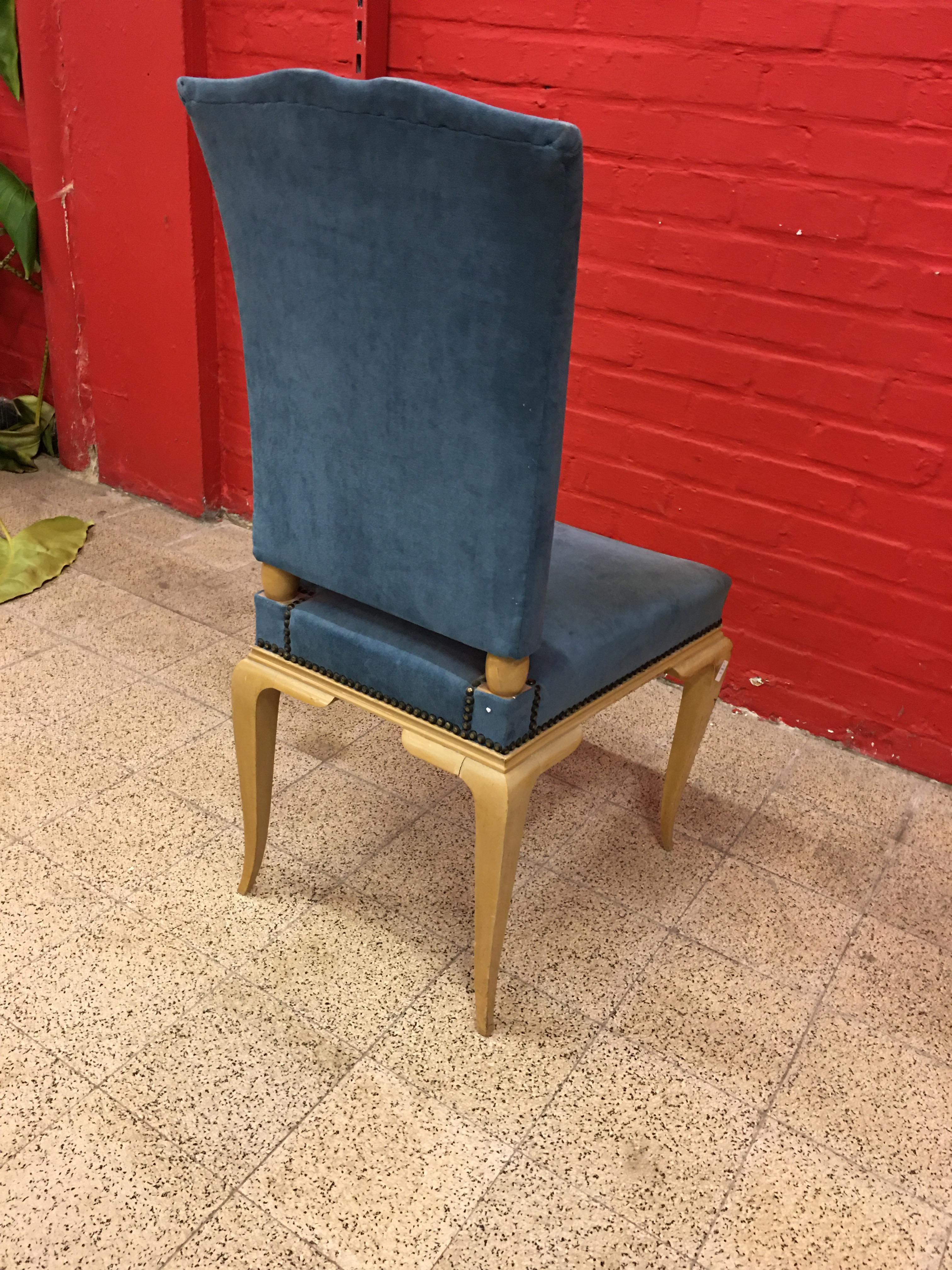 René Prou, Art Deco Chair in Lacquered Wood and Blue Velvet, circa 1940-1950 For Sale 5