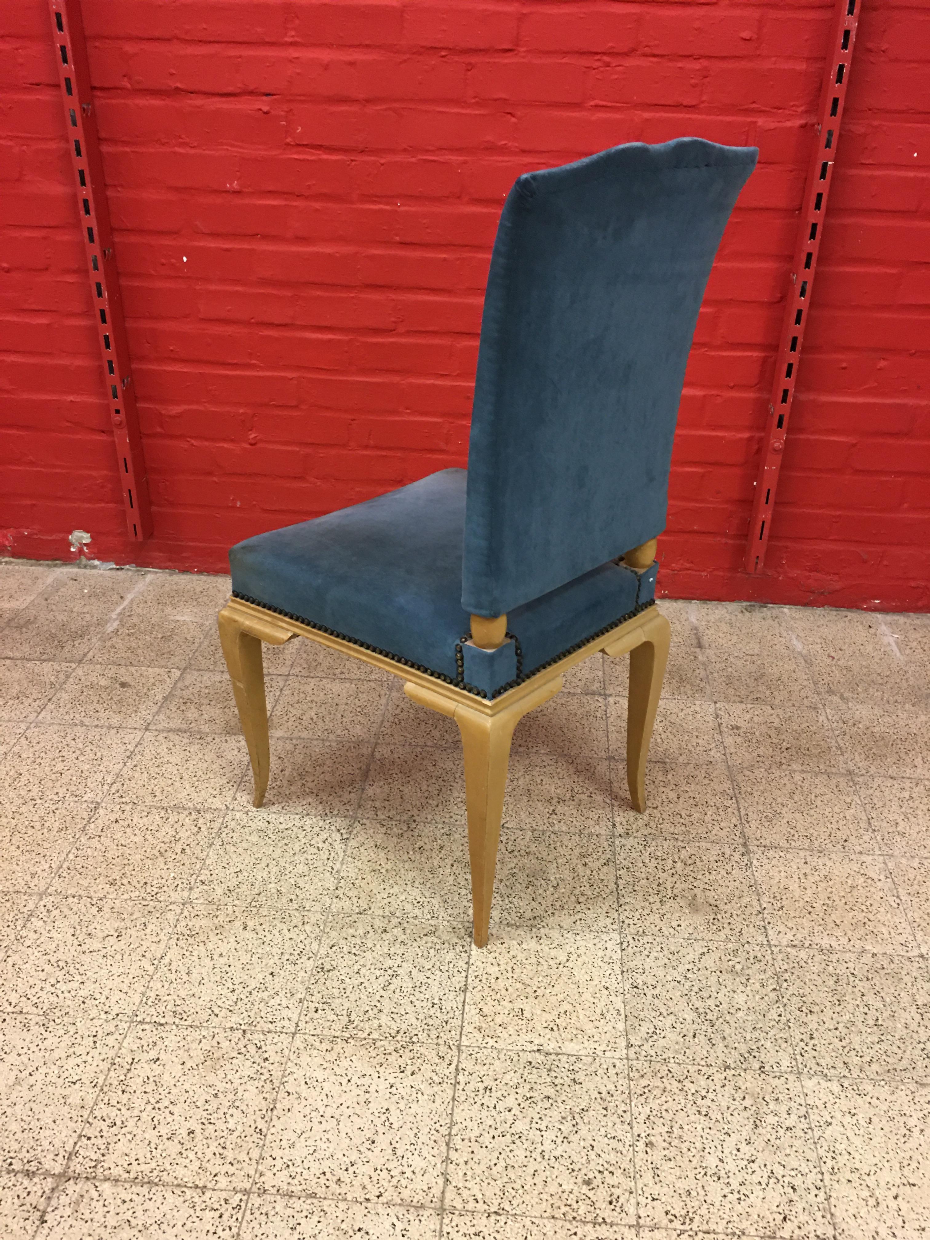 Chaise Art Déco Ren Prou en bois laqué et velours bleu, vers 1940-1950 en vente 3