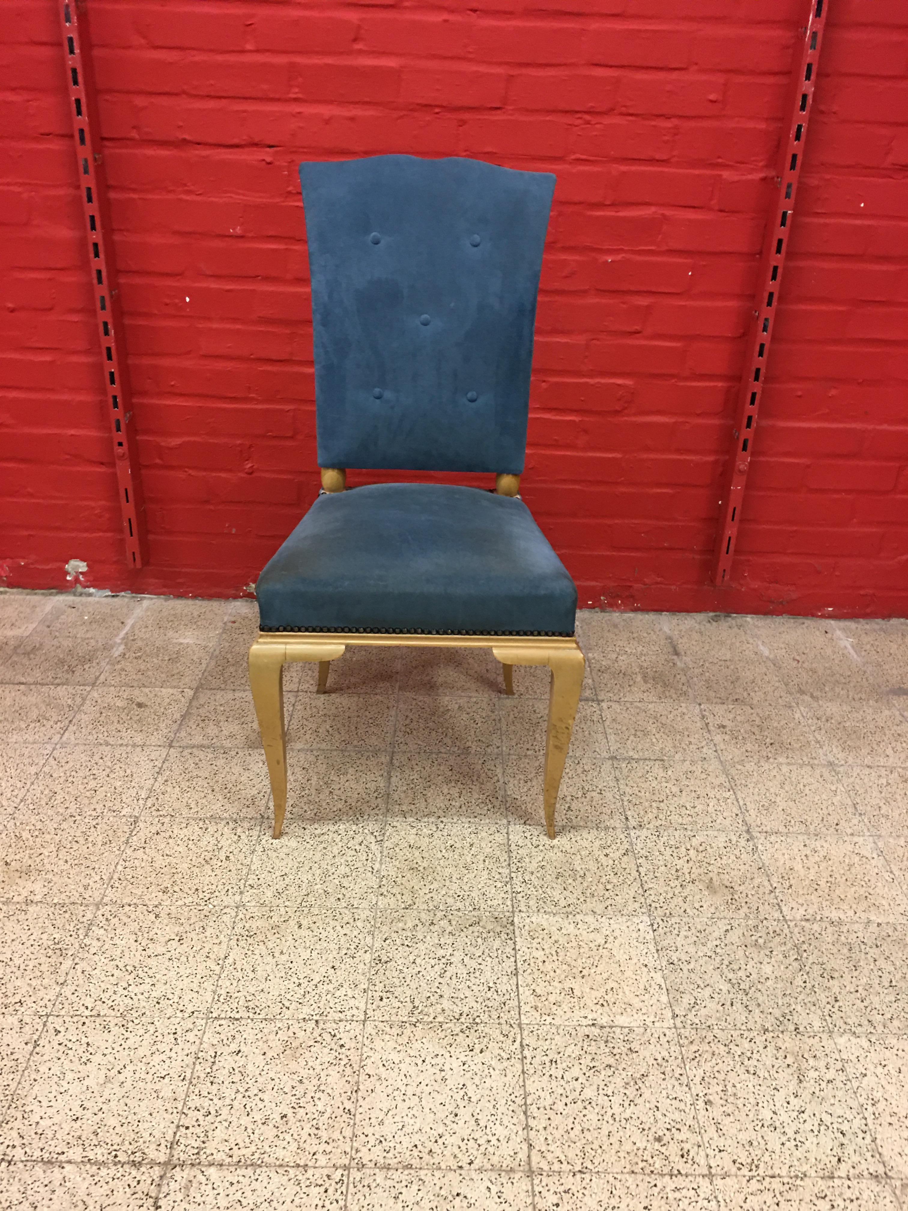 René Prou, chaise Art Déco en bois laqué et velours bleu, circa 1940-1950.