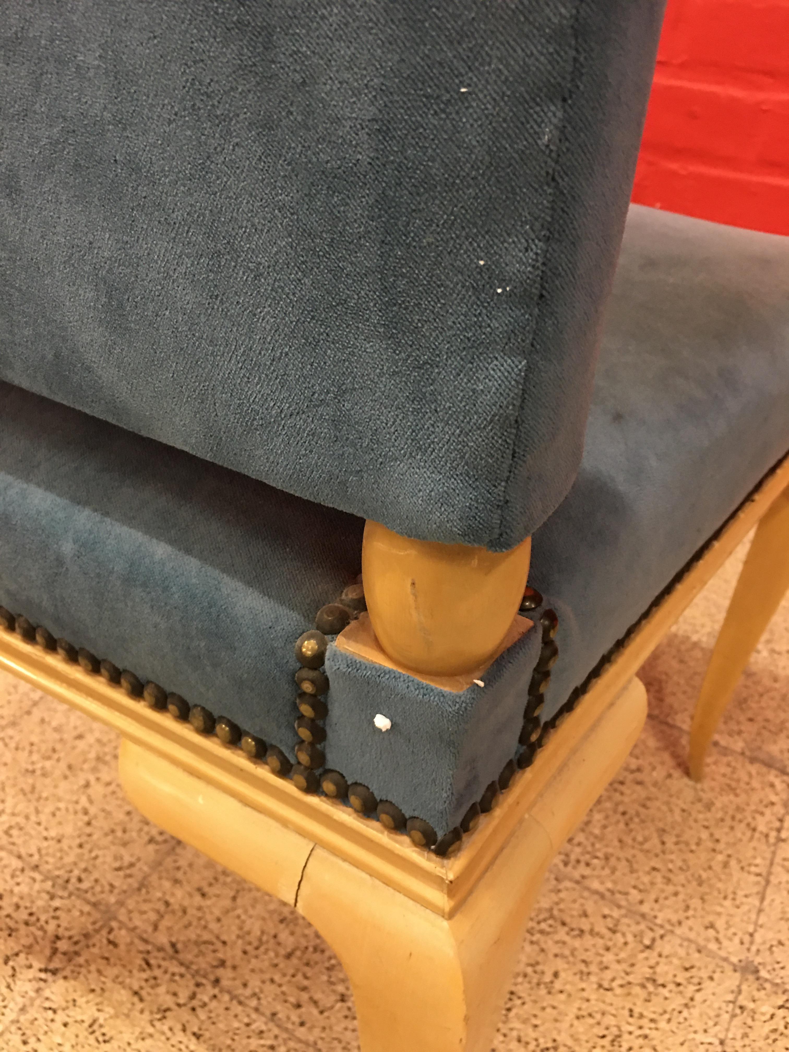 Art déco Chaise Art Déco Ren Prou en bois laqué et velours bleu, vers 1940-1950 en vente