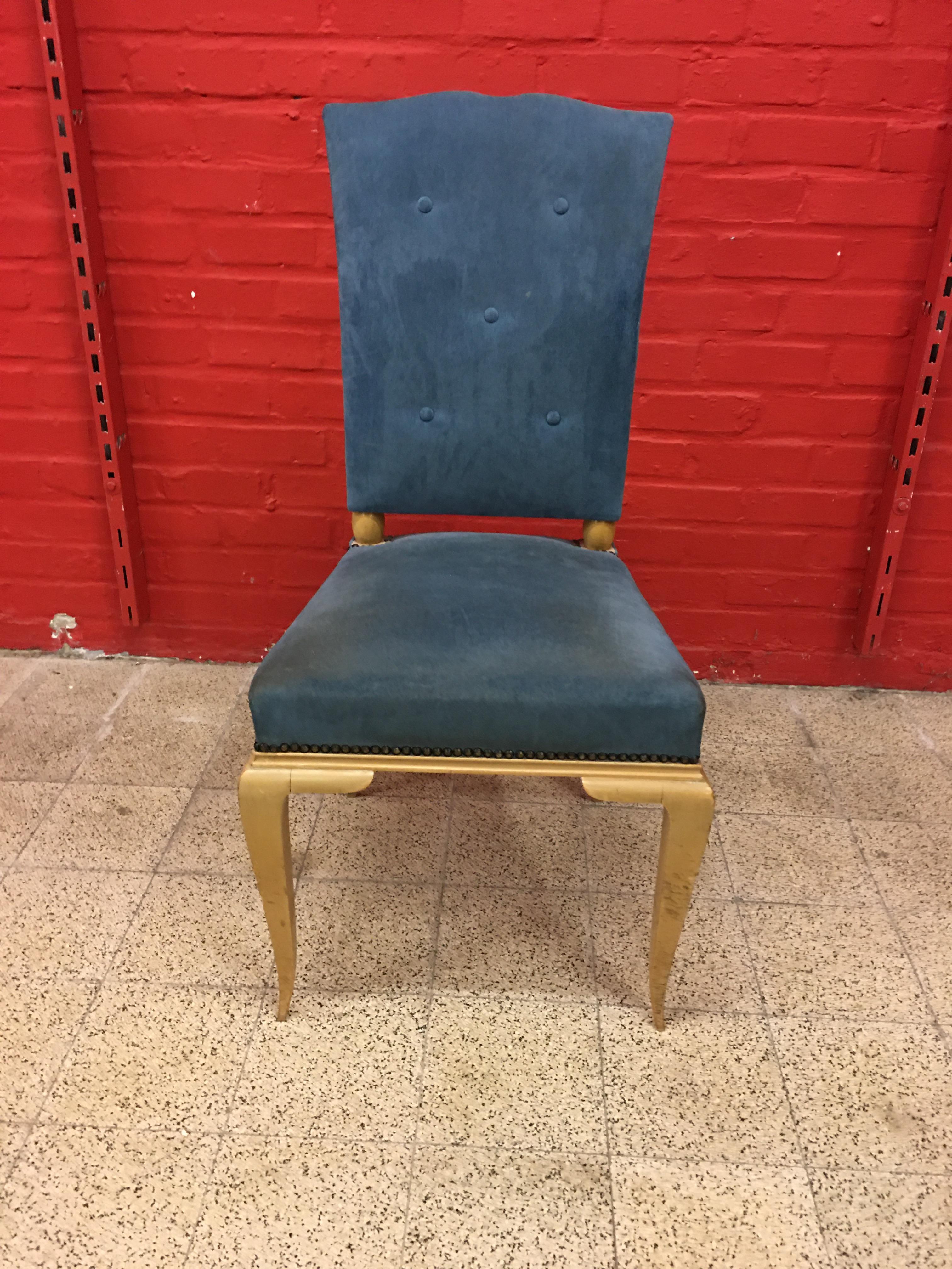 René Prou, Art Deco Chair in Lacquered Wood and Blue Velvet, circa 1940-1950 In Good Condition For Sale In Saint-Ouen, FR
