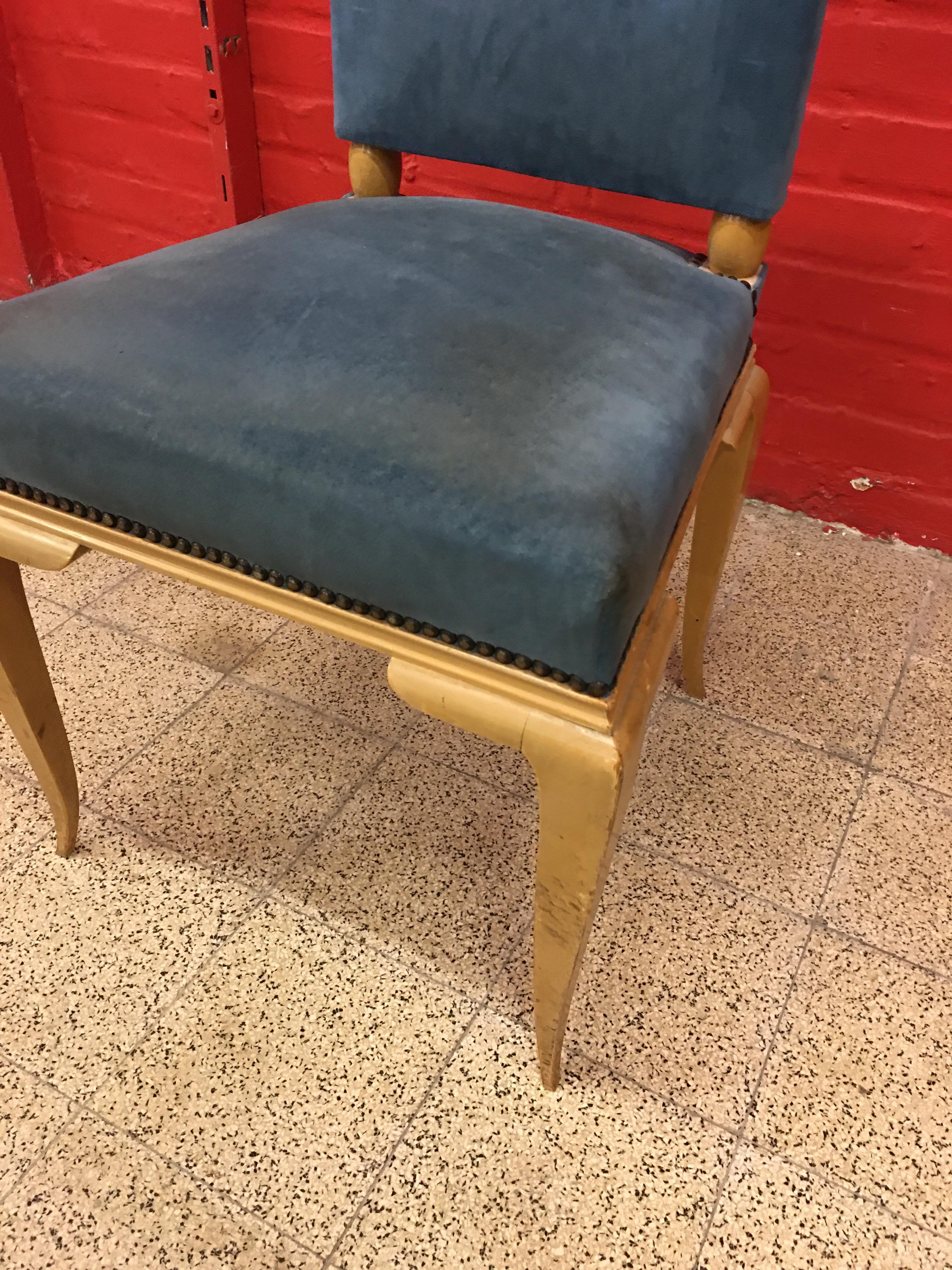 Laqué Chaise Art Déco Ren Prou en bois laqué et velours bleu, vers 1940-1950 en vente