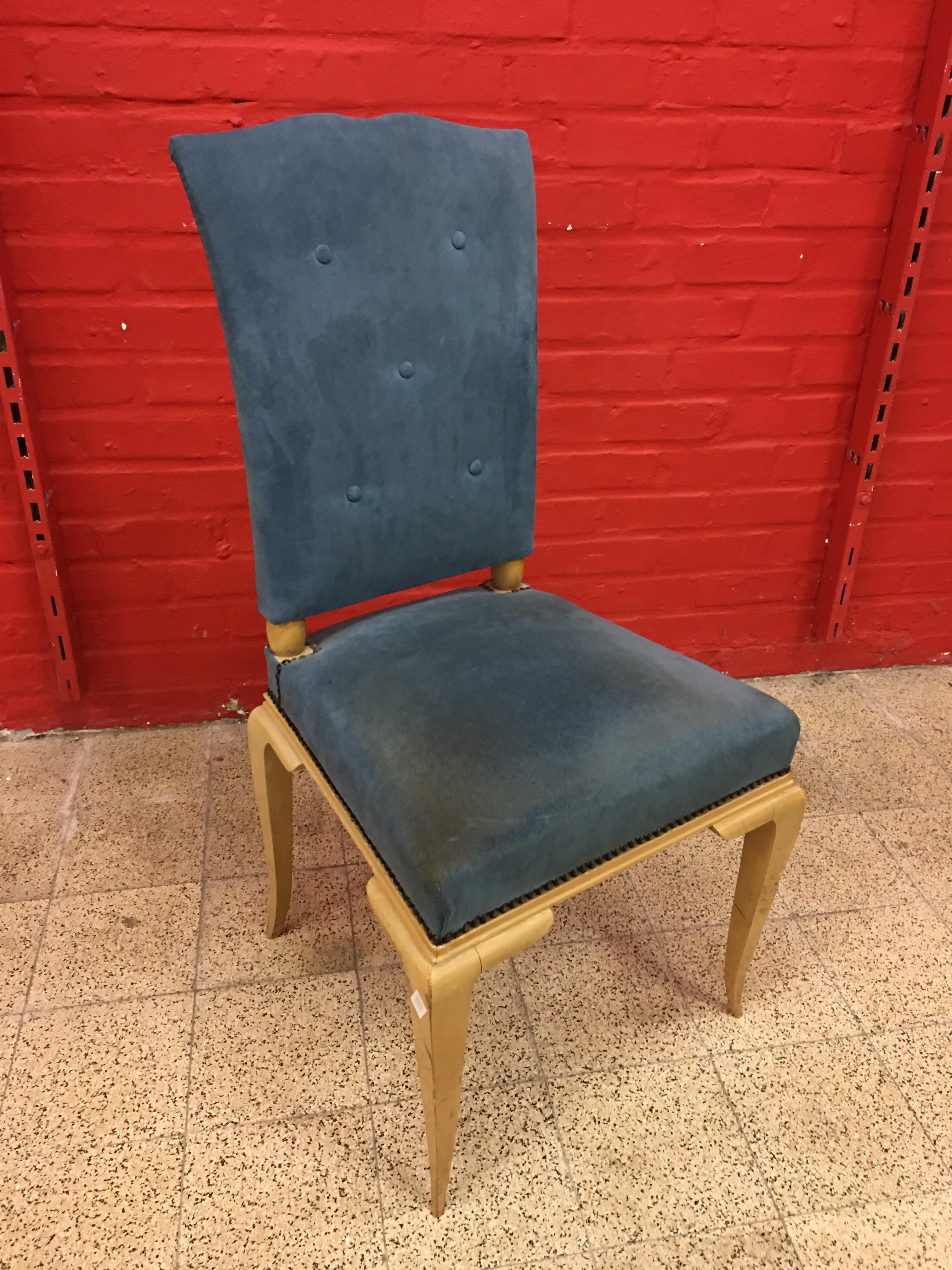 Milieu du XXe siècle Chaise Art Déco Ren Prou en bois laqué et velours bleu, vers 1940-1950 en vente