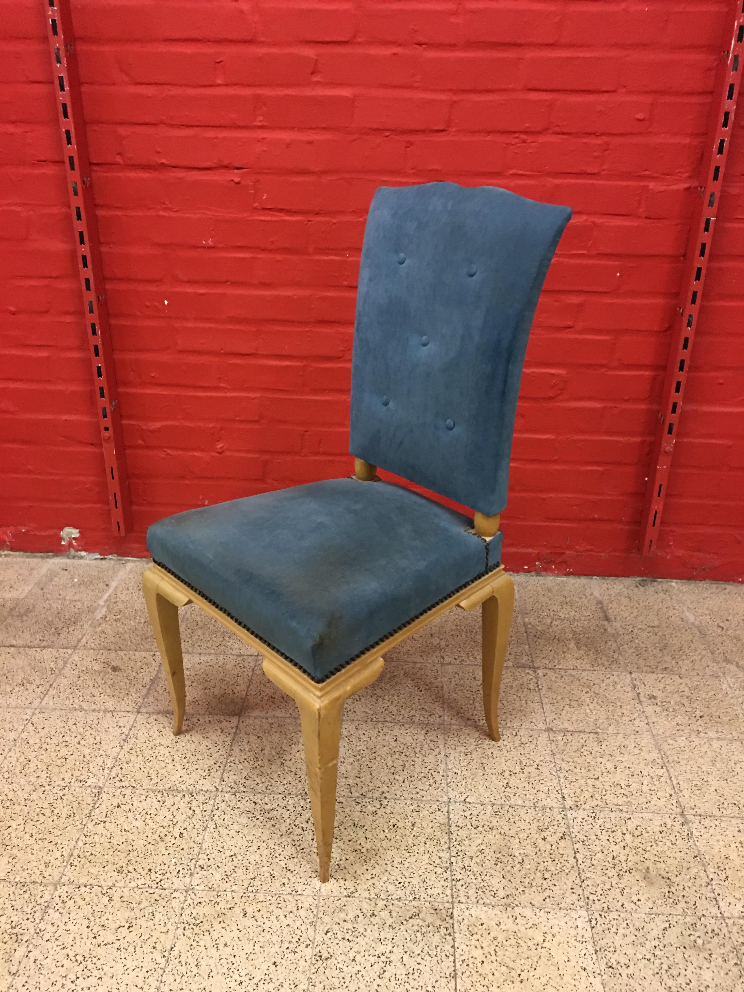 René Prou, Art Deco Chair in Lacquered Wood and Blue Velvet, circa 1940-1950 For Sale 3
