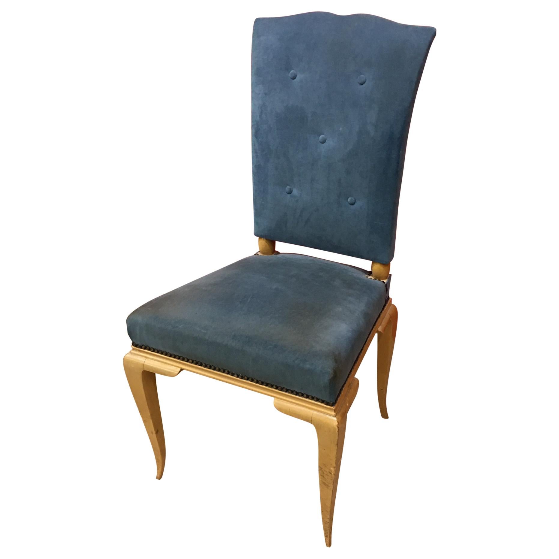 René Prou, Art Deco Chair in Lacquered Wood and Blue Velvet, circa 1940-1950