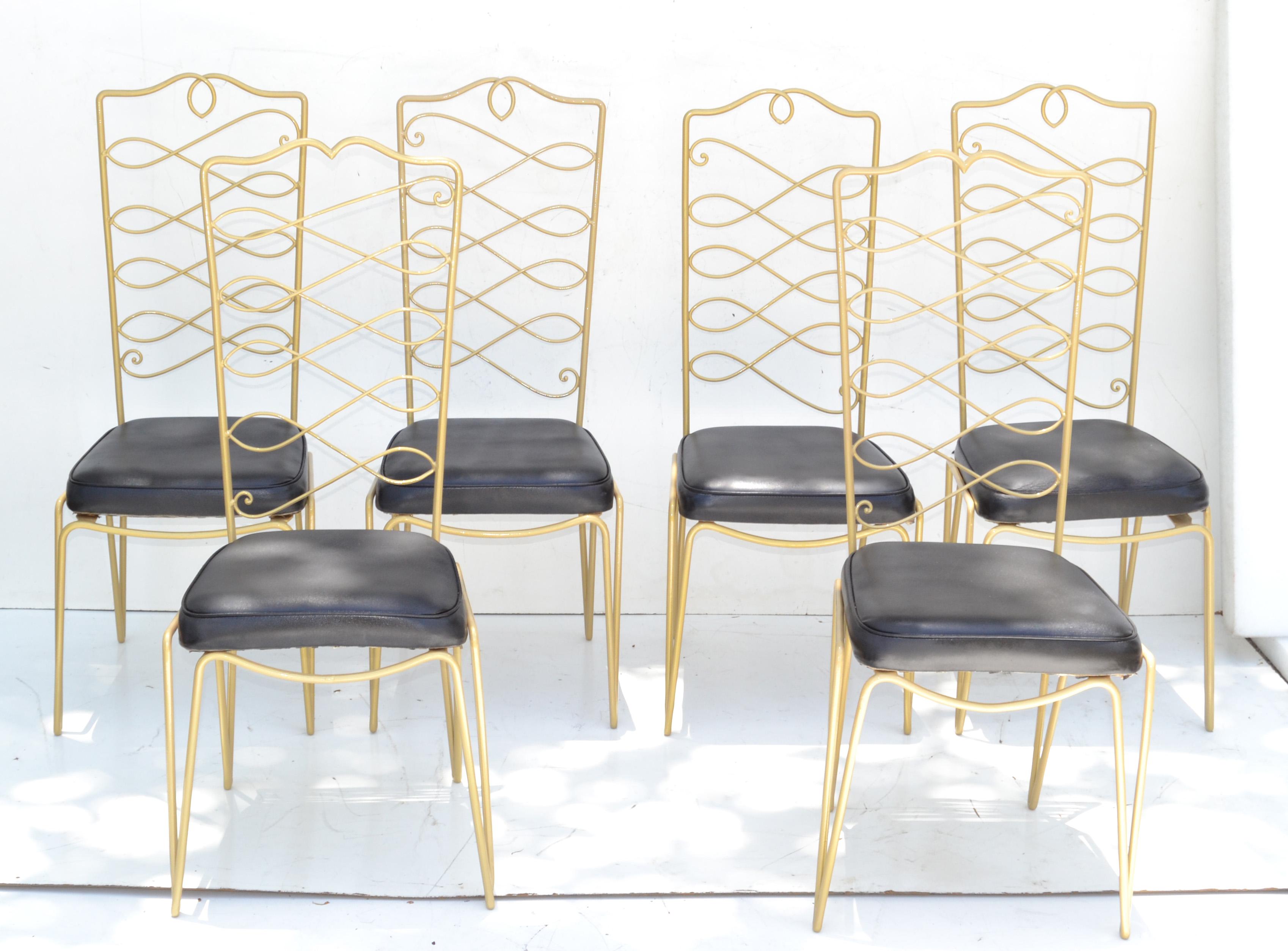 Rene Prou Art Deco Golden Wrought Iron Dining Room Chairs Black Vinyl Seats, 6 For Sale 8