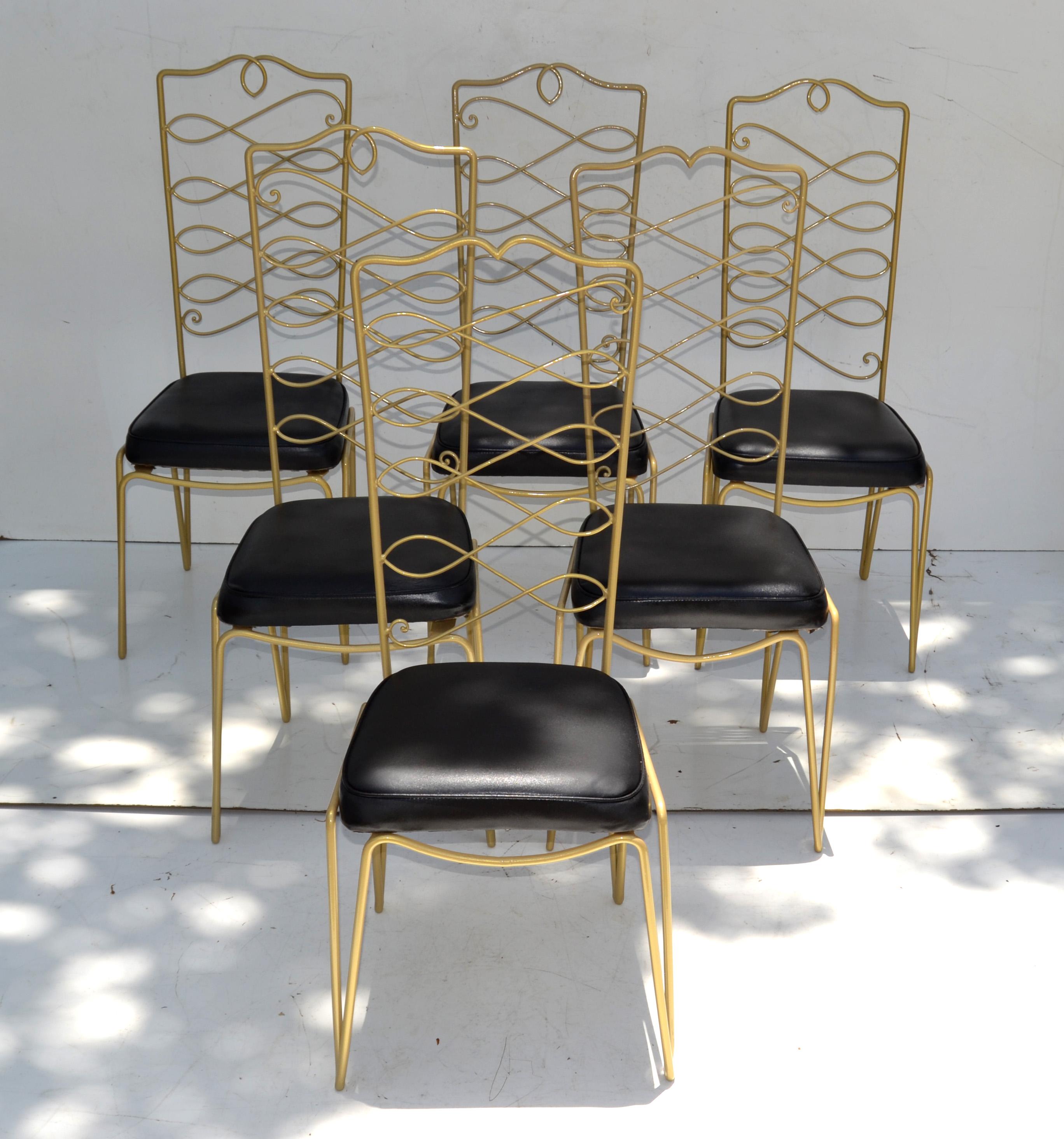 Rene Prou Art Deco Golden Wrought Iron Dining Room Chairs Black Vinyl Seats, 6 For Sale 9