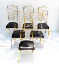 Rene Prou Art Deco Golden Wrought Iron Dining Room Chairs Black Vinyl Seats, 6