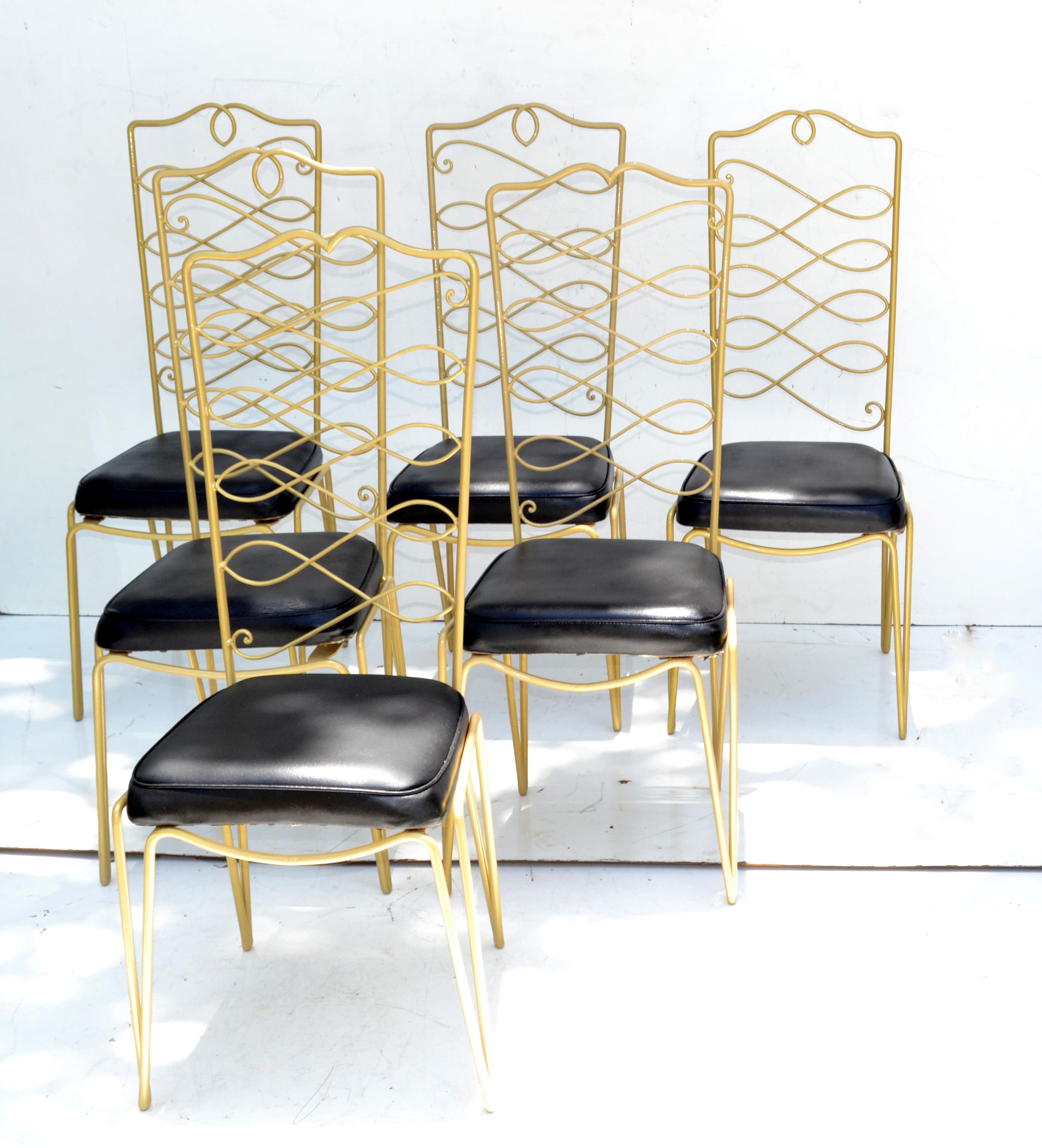 French Rene Prou Art Deco Golden Wrought Iron Dining Room Chairs Black Vinyl Seats, 6 For Sale