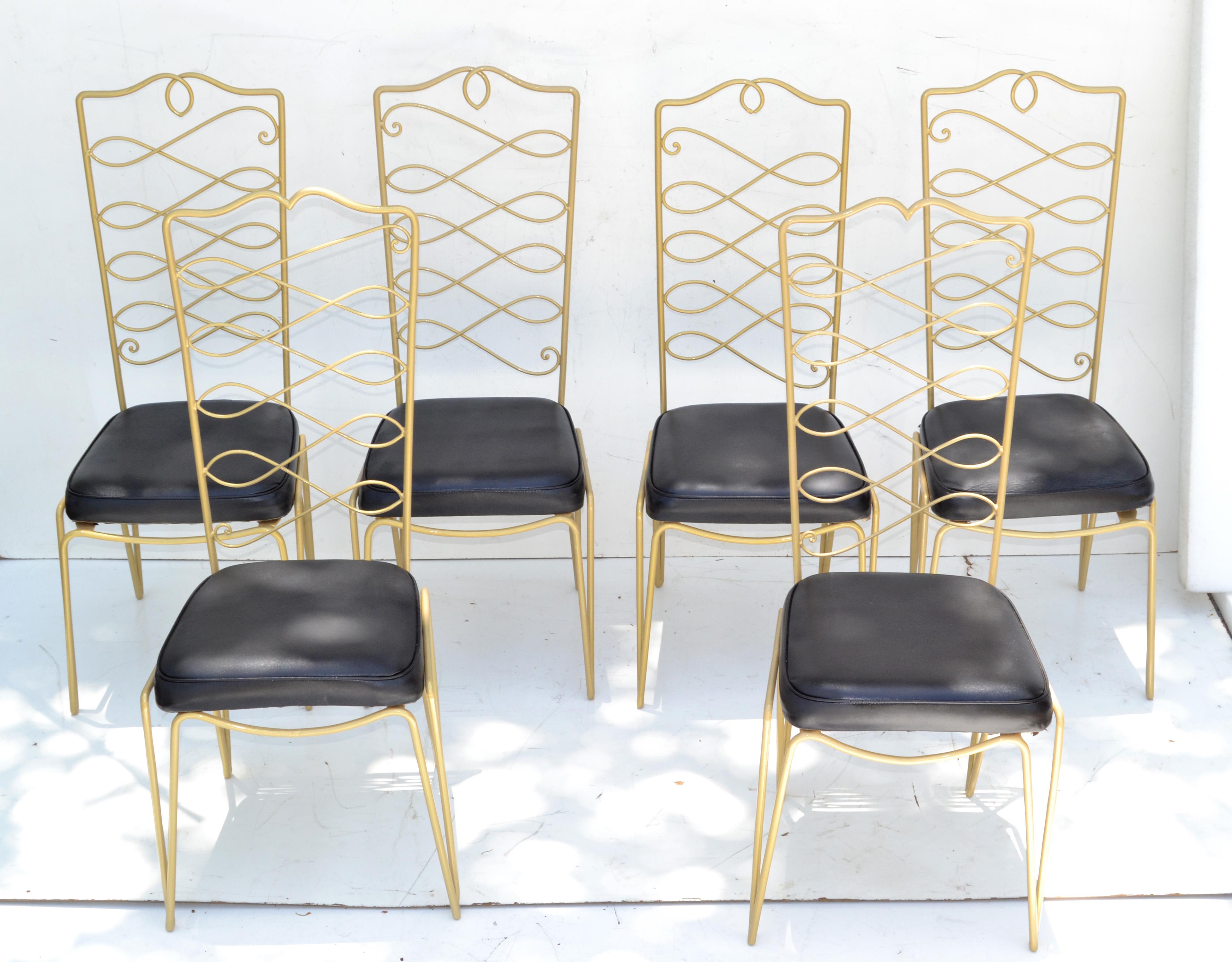 Rene Prou Art Deco Golden Wrought Iron Dining Room Chairs Black Vinyl Seats, 6 In Good Condition For Sale In Miami, FL