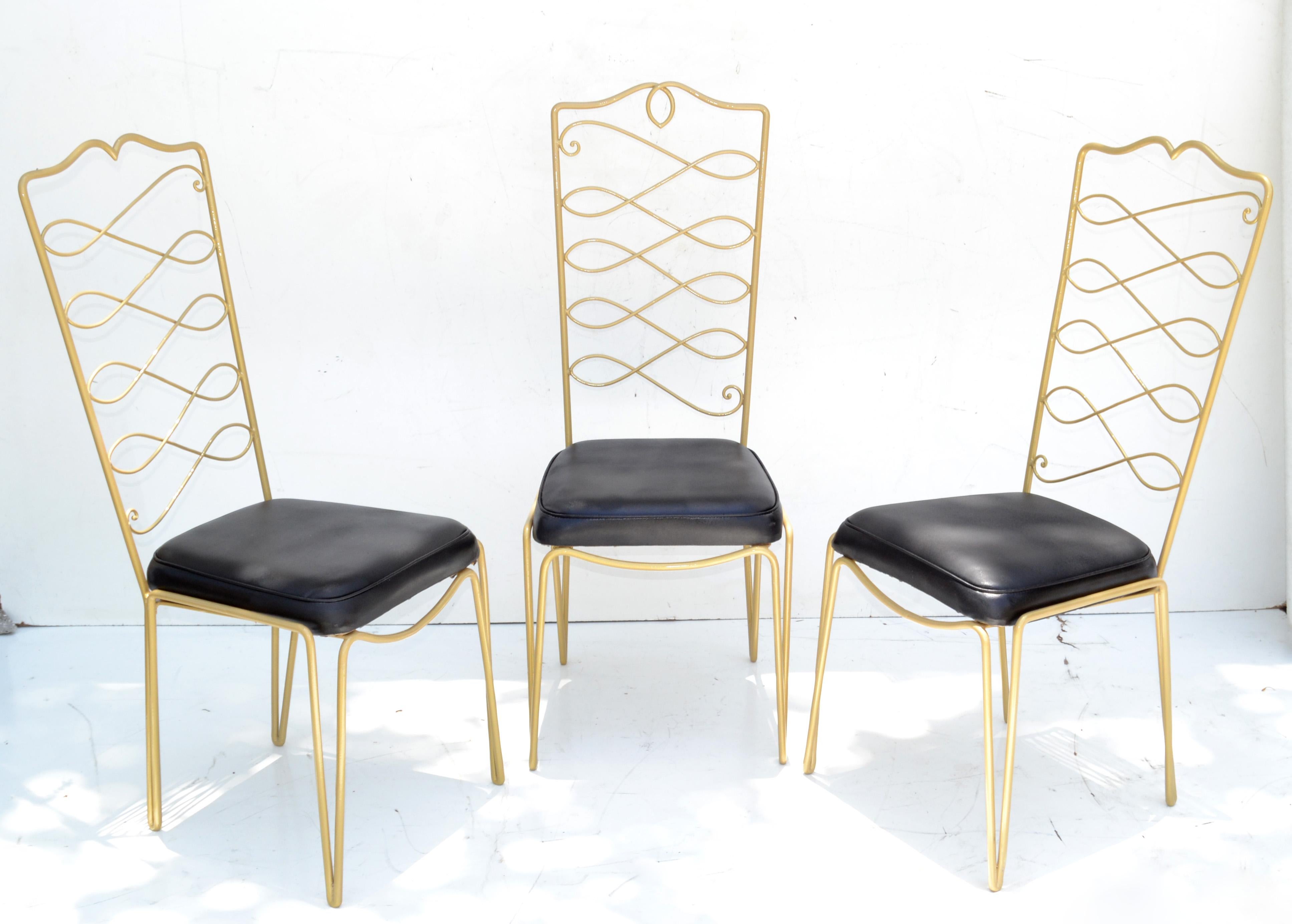 Esszimmerstühle aus goldenem Schmiedeeisen von Rene Prou im Art déco-Stil mit schwarzen Vinylsitzen, 6 (Mitte des 20. Jahrhunderts) im Angebot