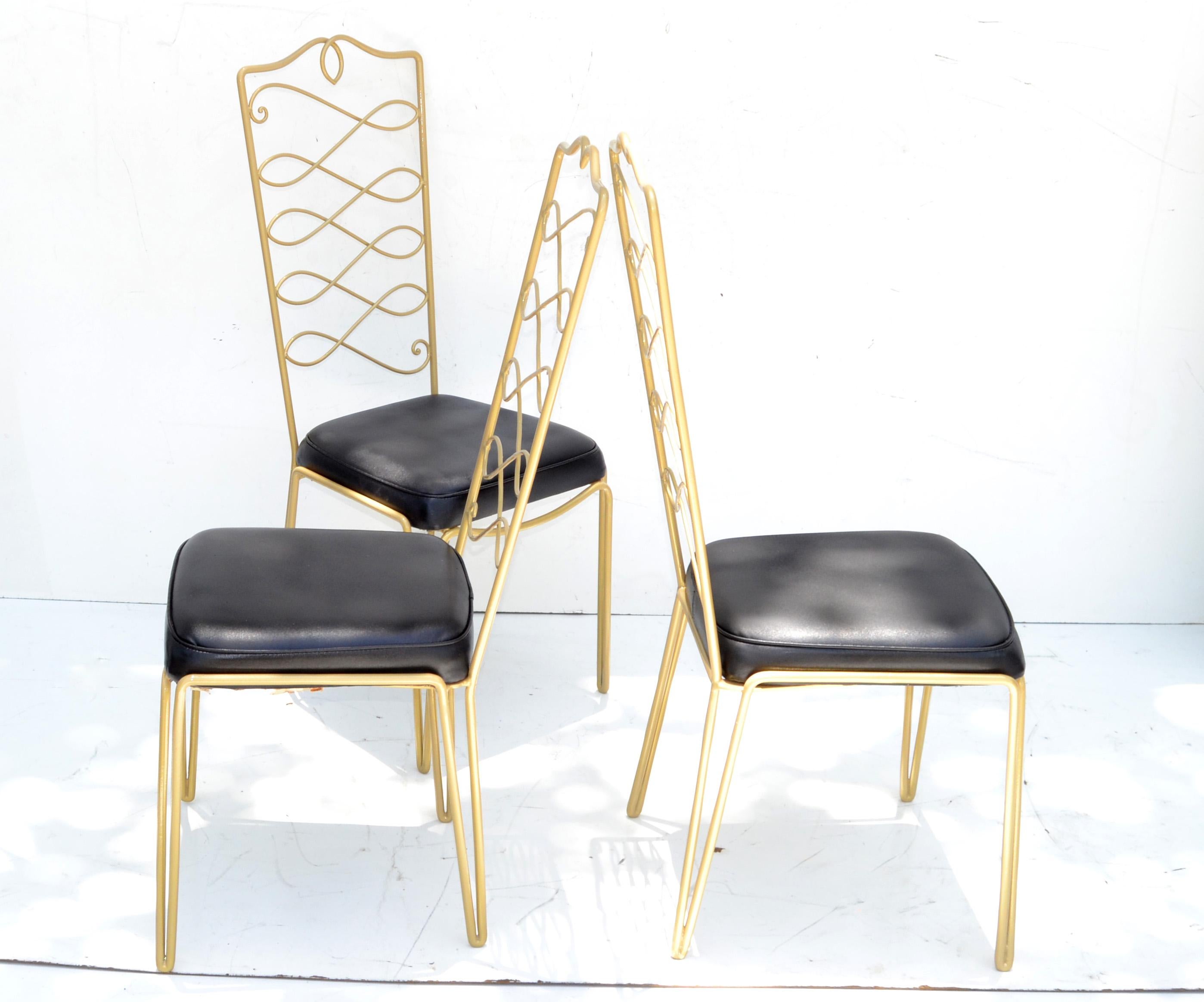 Esszimmerstühle aus goldenem Schmiedeeisen von Rene Prou im Art déco-Stil mit schwarzen Vinylsitzen, 6 im Angebot 1