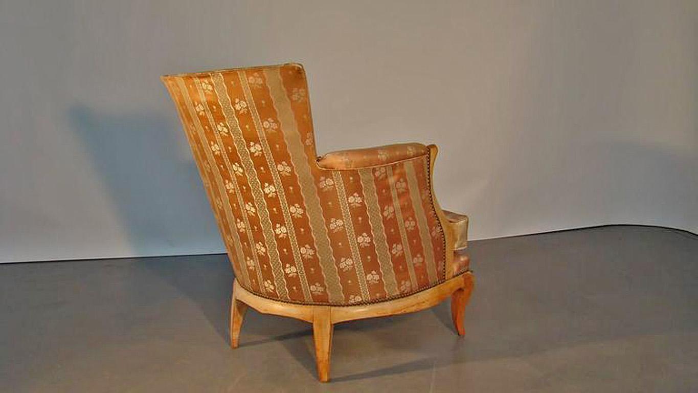 René Prou, Art Deco Sycamore Veneer Bergere chair, circa 1930.