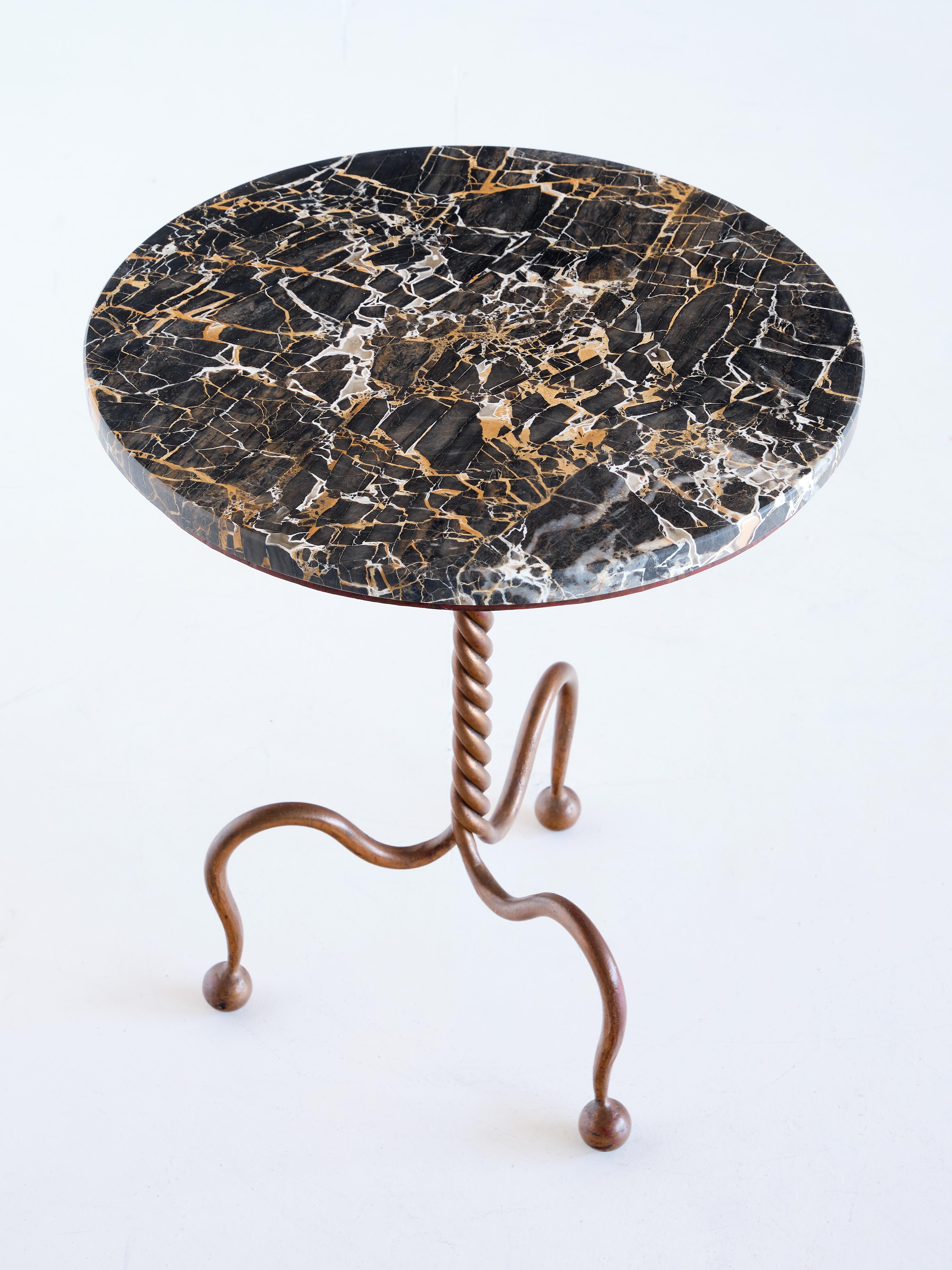 René Prou Attributed Gilt Iron Gueridon with Portoro Gold Marble Top, 1930s In Good Condition In The Hague, NL