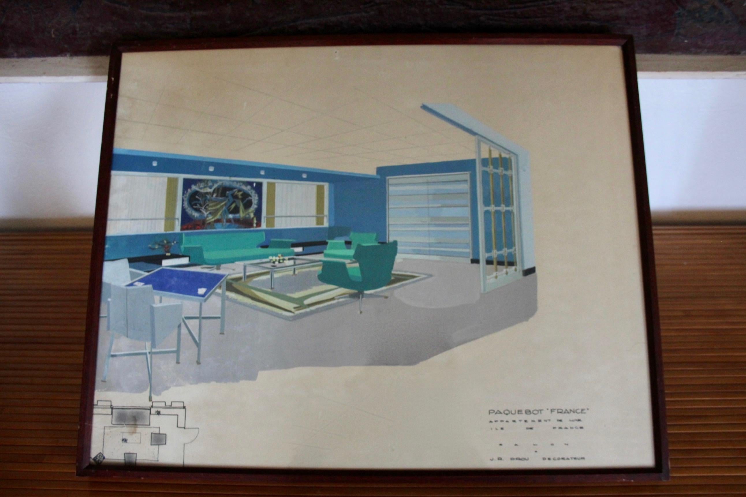 Disegno di Rene Prou per il salone Paquebot France piccolo danno sulla carta a sinistra vedi foto