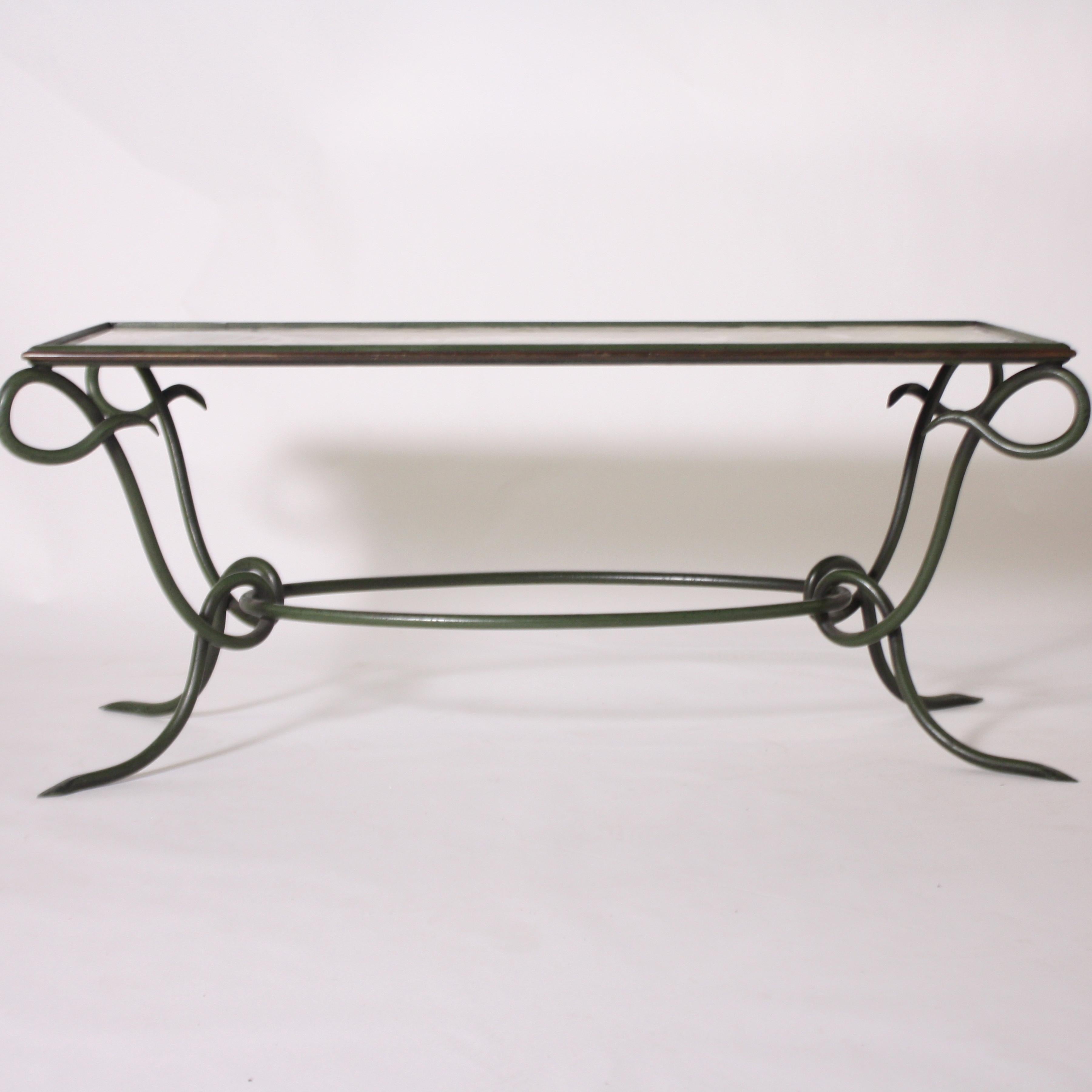 Rene Prou green metal coffee table with antique mirror, circa 1950.