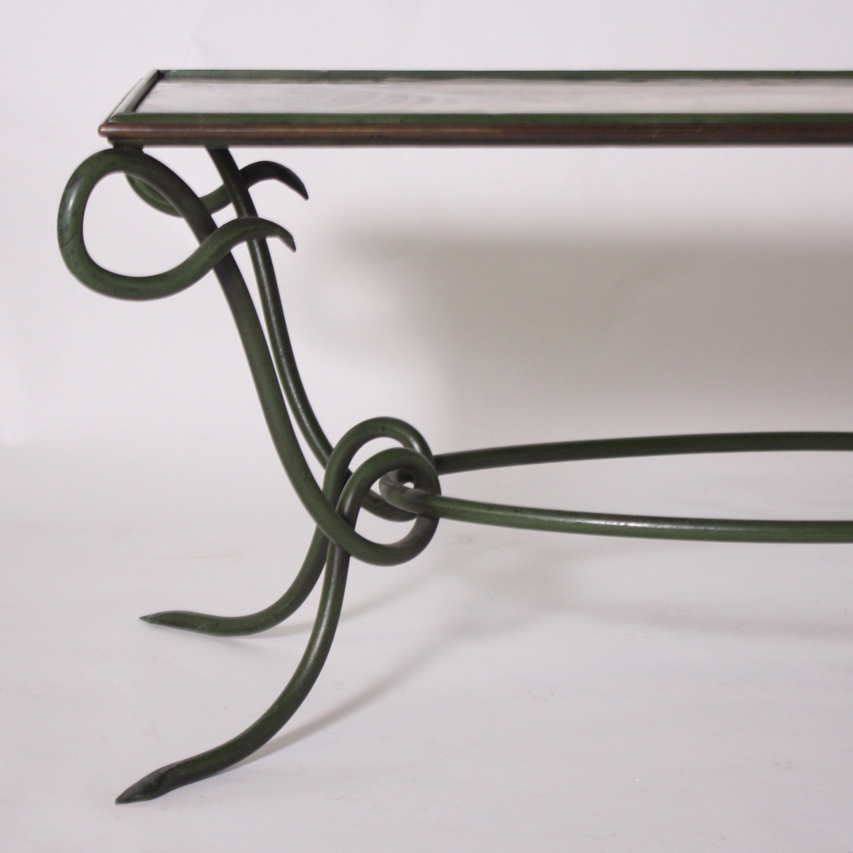 French Rene Prou Green Metal Coffee Table with Antique Mirror, circa 1950 For Sale